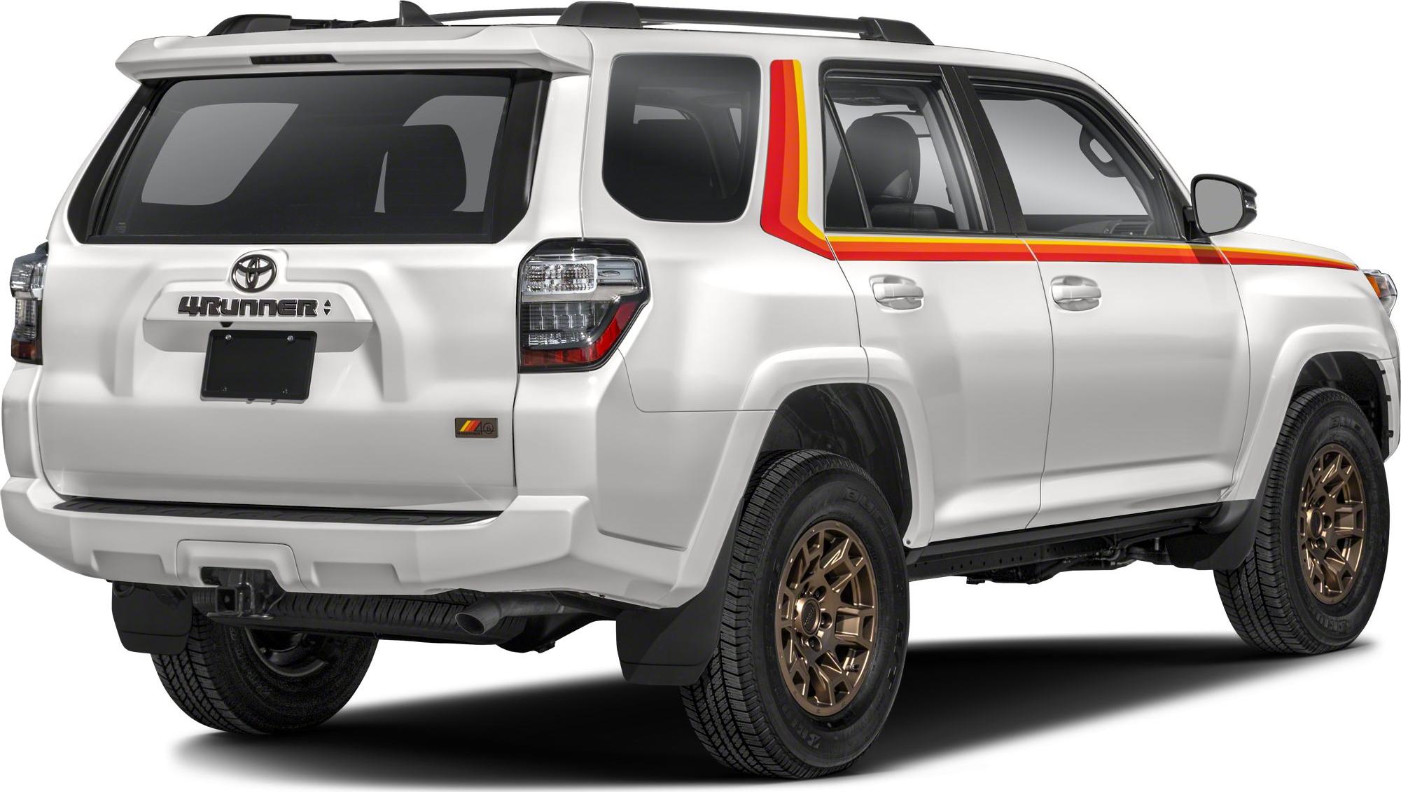 Rear-side of white SUV with retro stripes and bronze alloy wheels