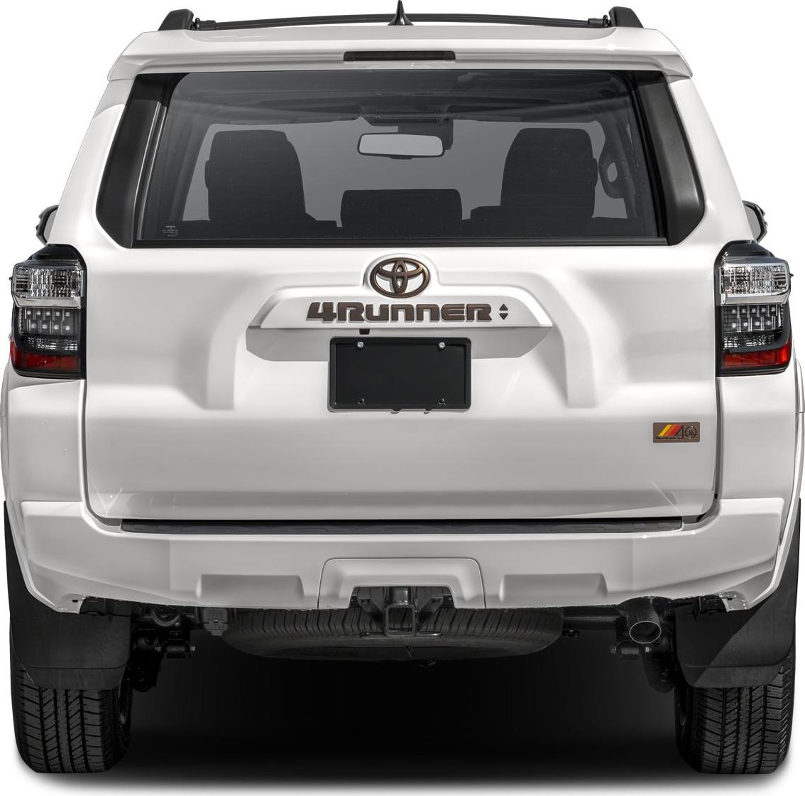 Rear view of SUV tailgate with distinct taillights and badge.
