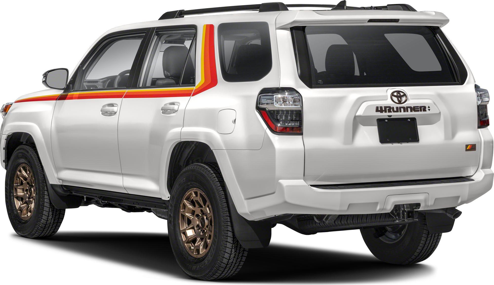 Mid-size SUV rear-side view with retro stripes and bronze wheels