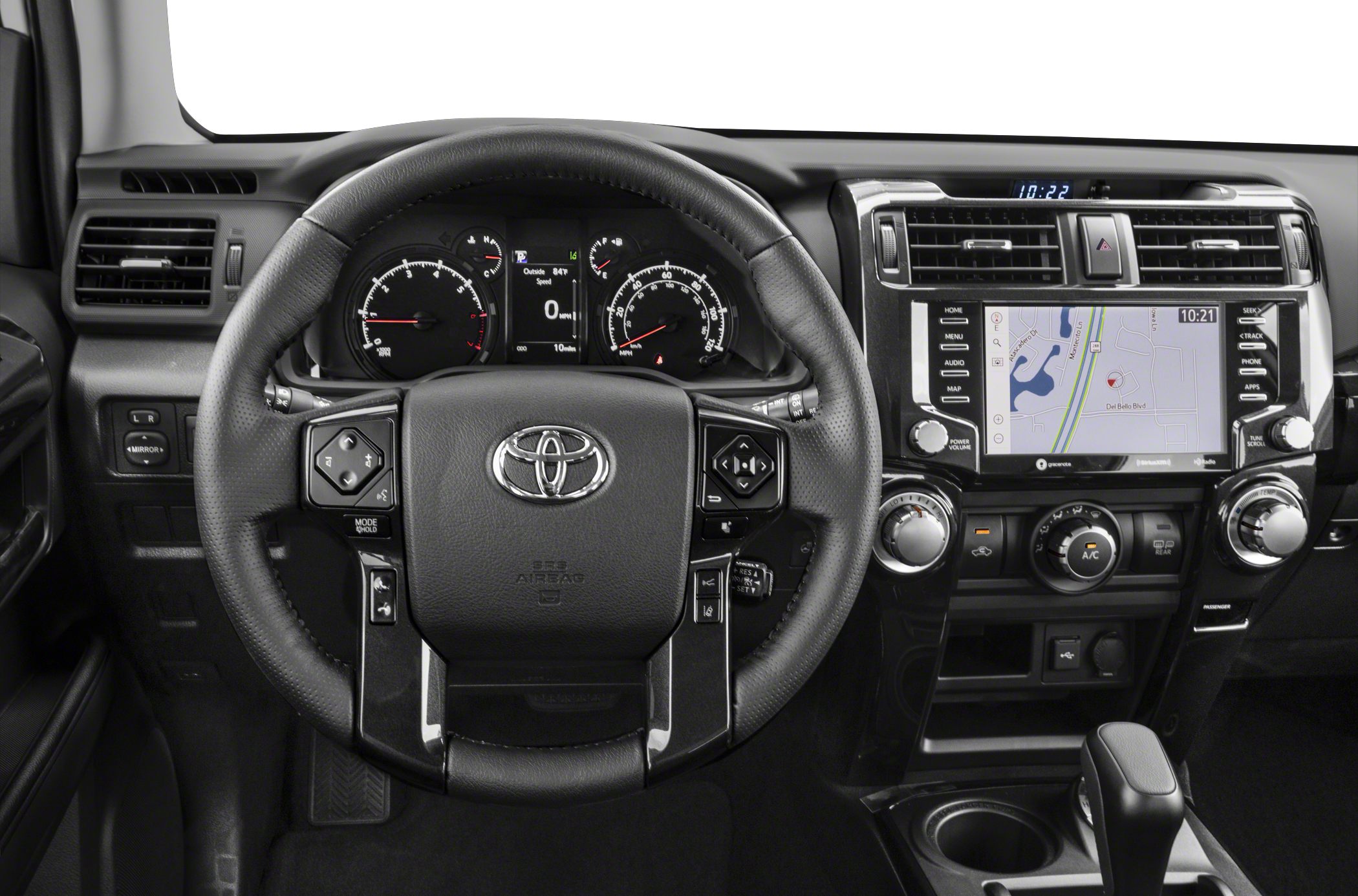 Dashboard and steering wheel with navigation display and climate controls