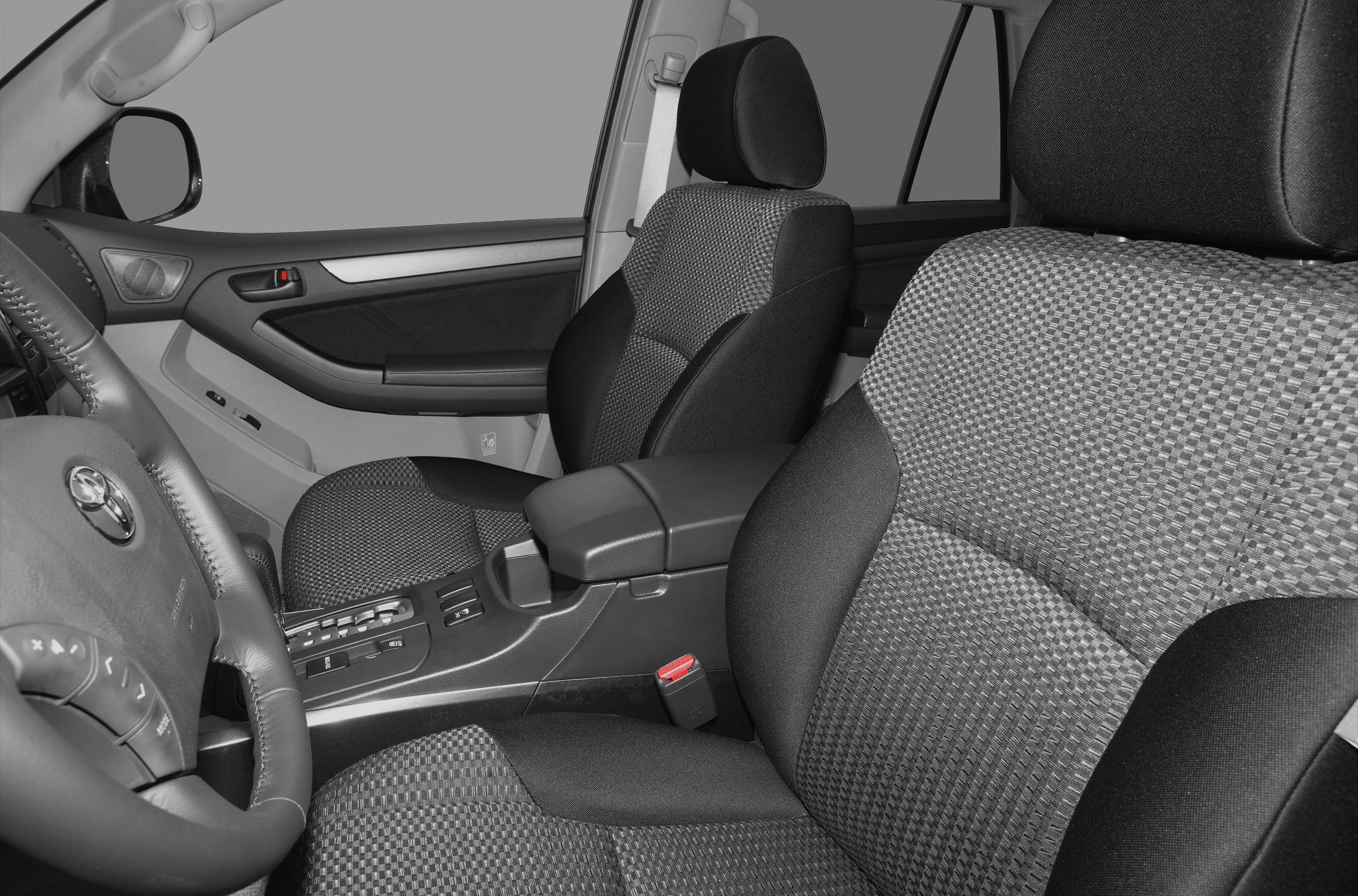 Fabric front seats and dashboard interior view