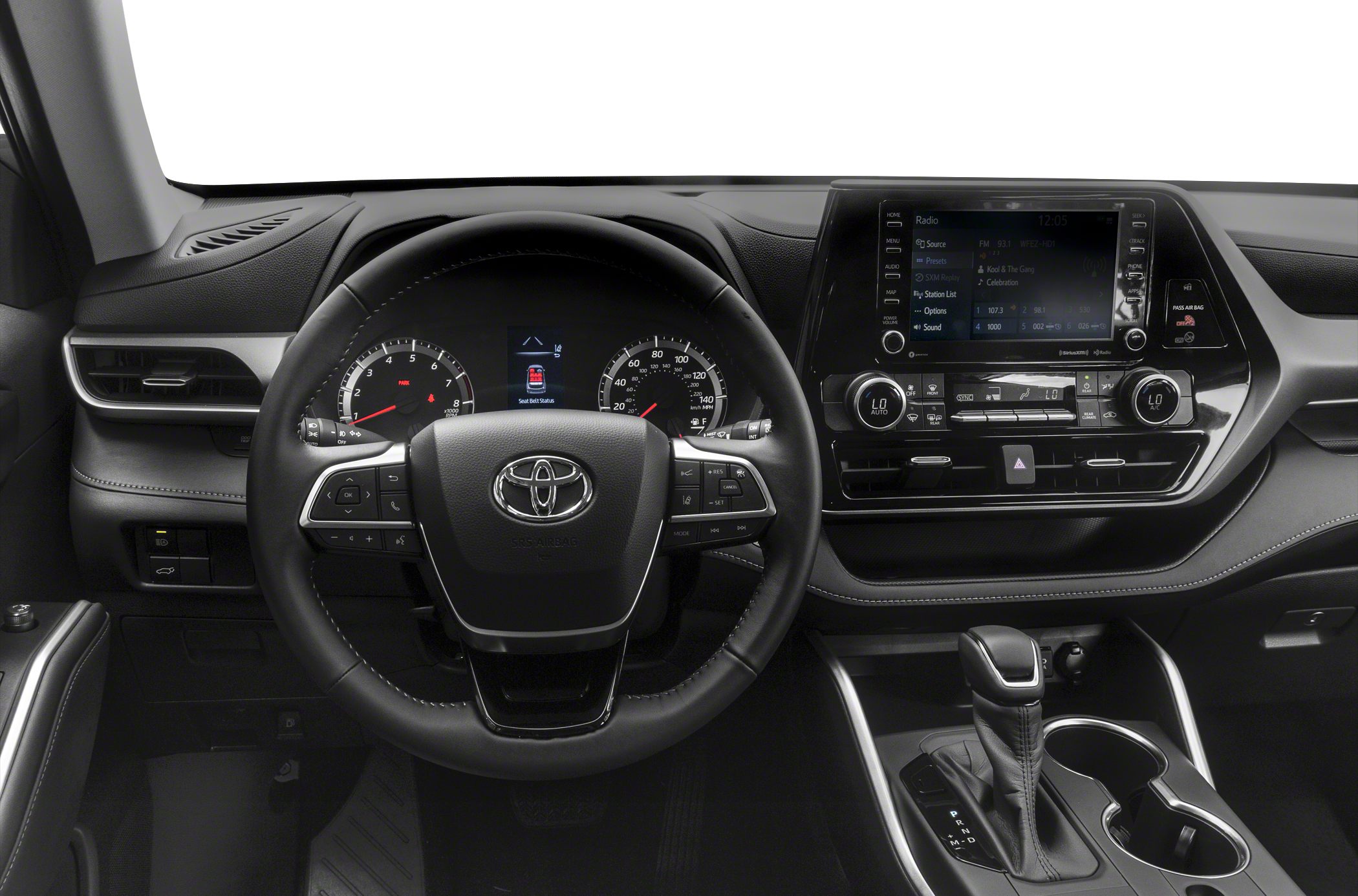 Steering wheel and dashboard with touchscreen and climate controls