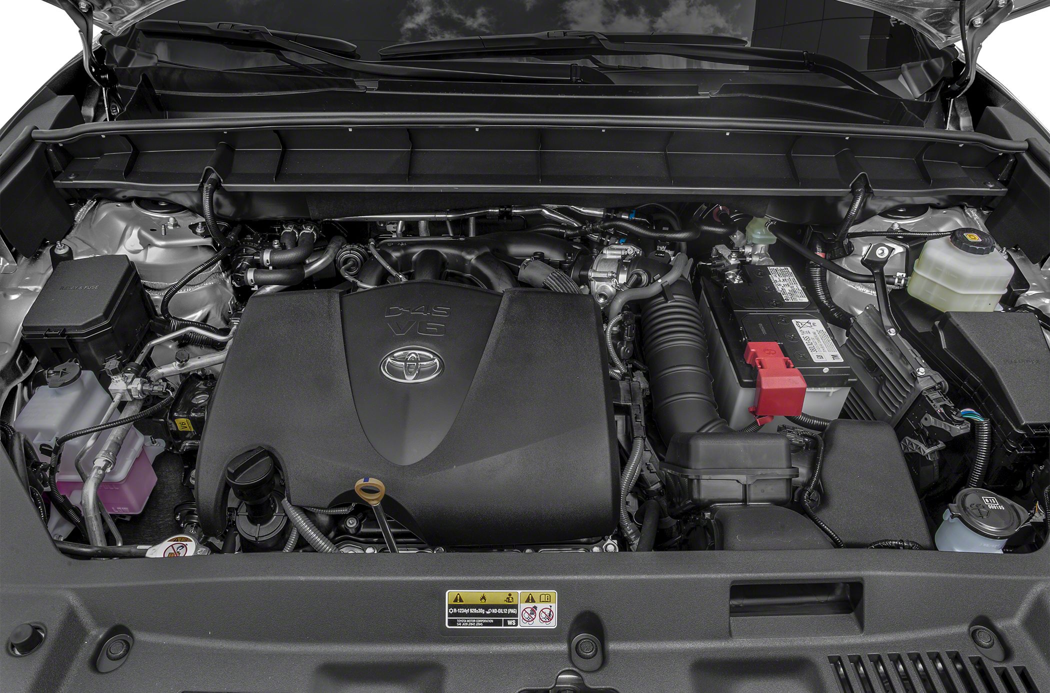 Close-up of Toyota V6 engine with engine cover and components