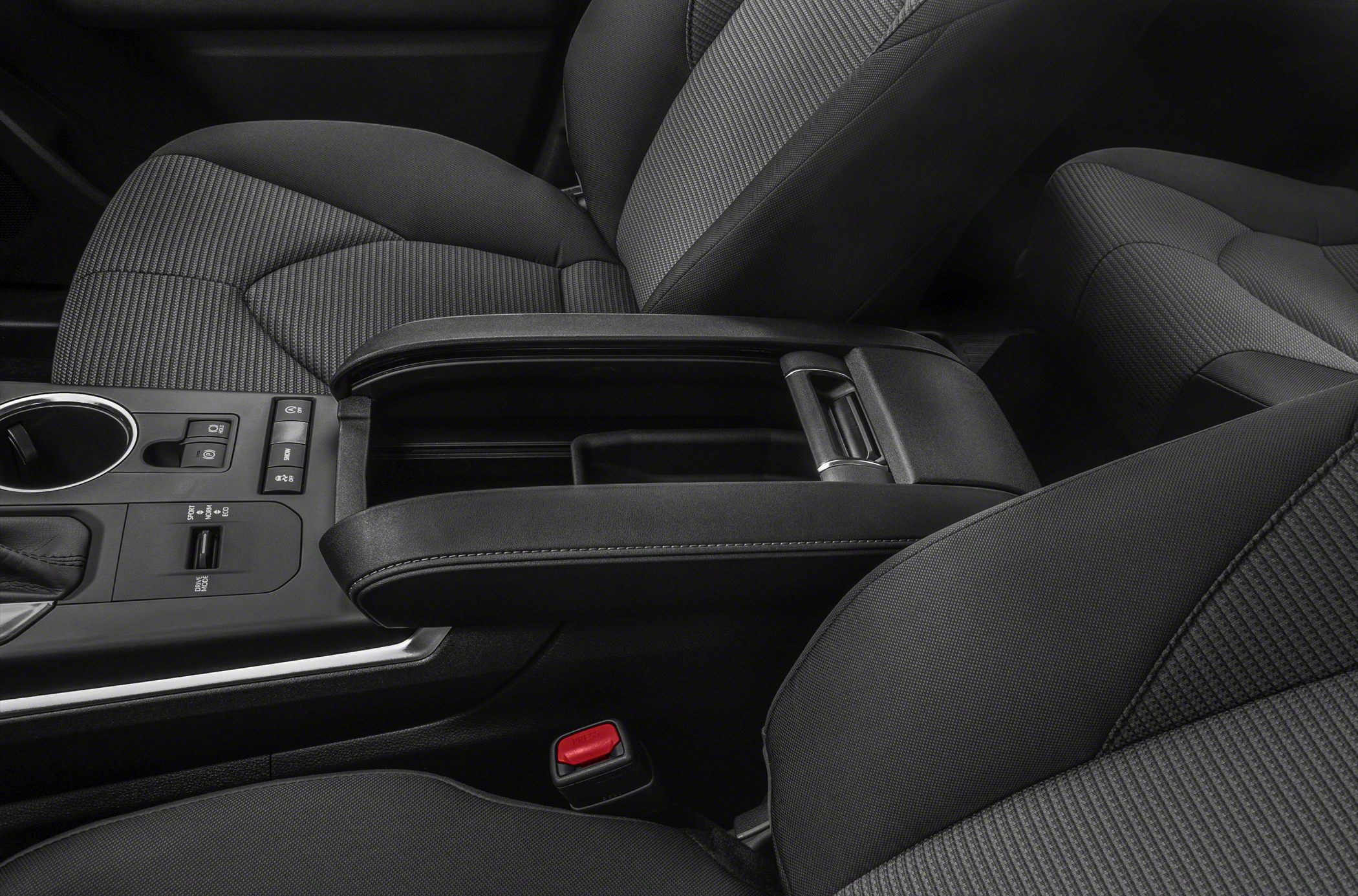 Car interior center console and fabric seats with armrest storage