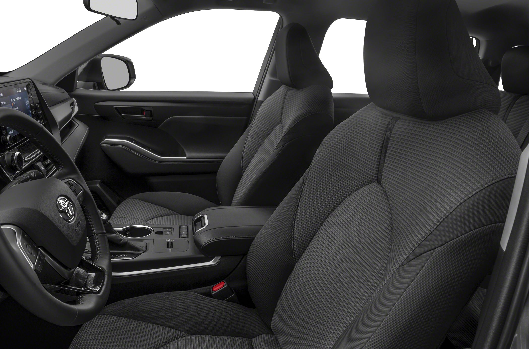 Front fabric seats with detailed stitching and modern dashboard layout