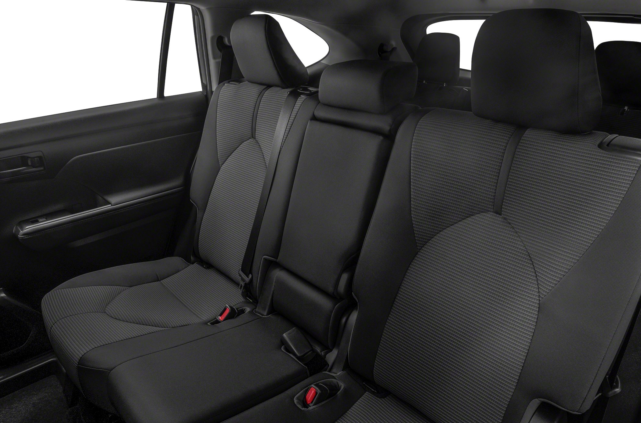 Back row seating with black fabric upholstery and detailed seat design