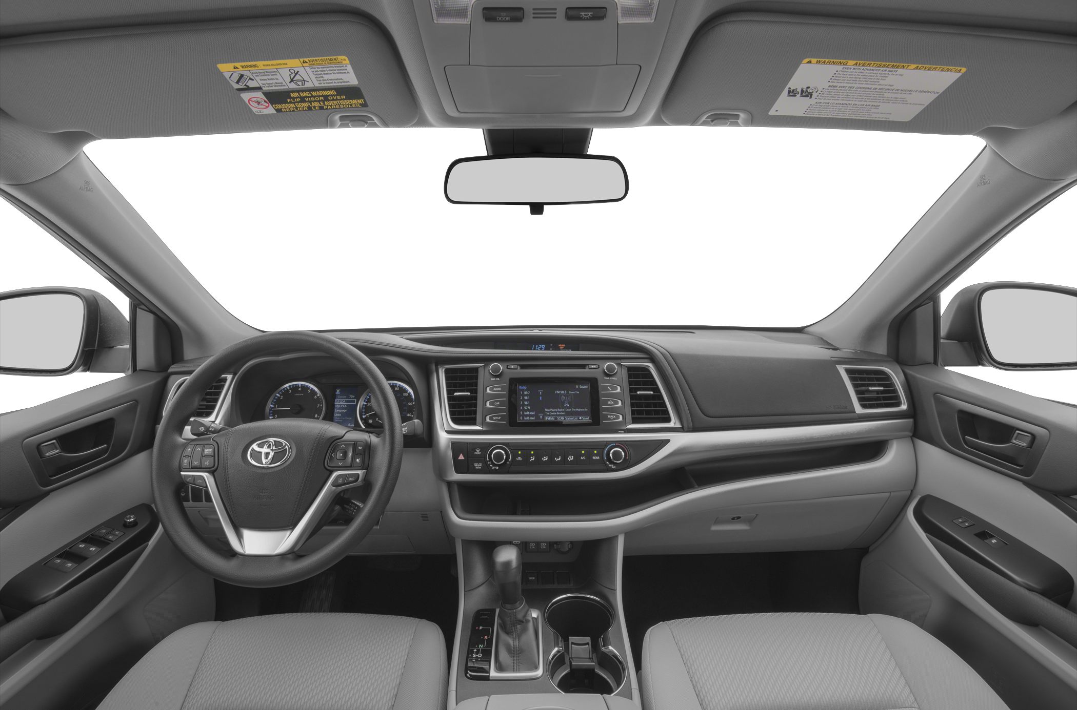 Modern dashboard and multifunction steering wheel with center console.