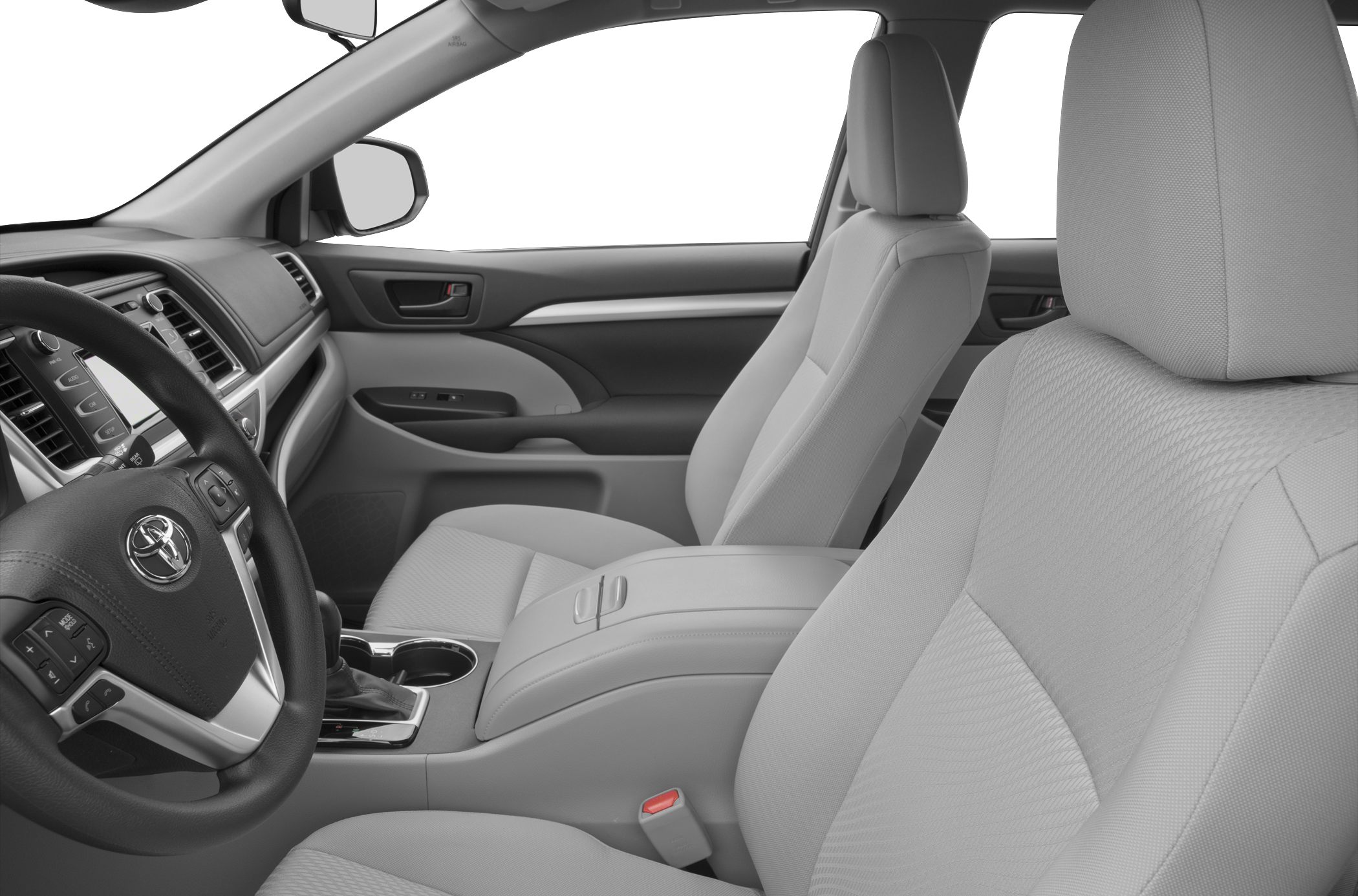 Front seats and dashboard interior view with steering wheel and control panel