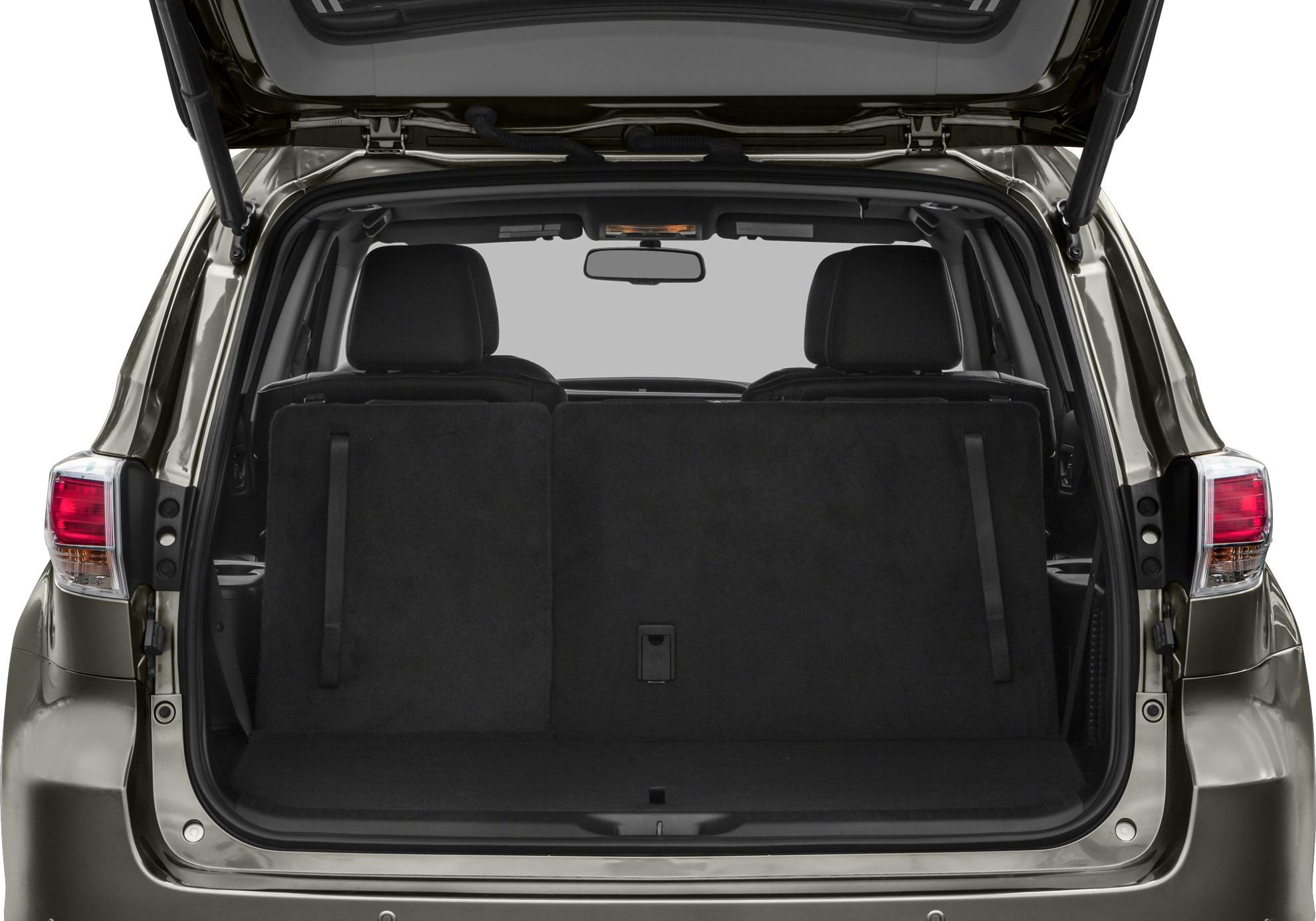 Rear cargo area with third-row seats upright and open hatch