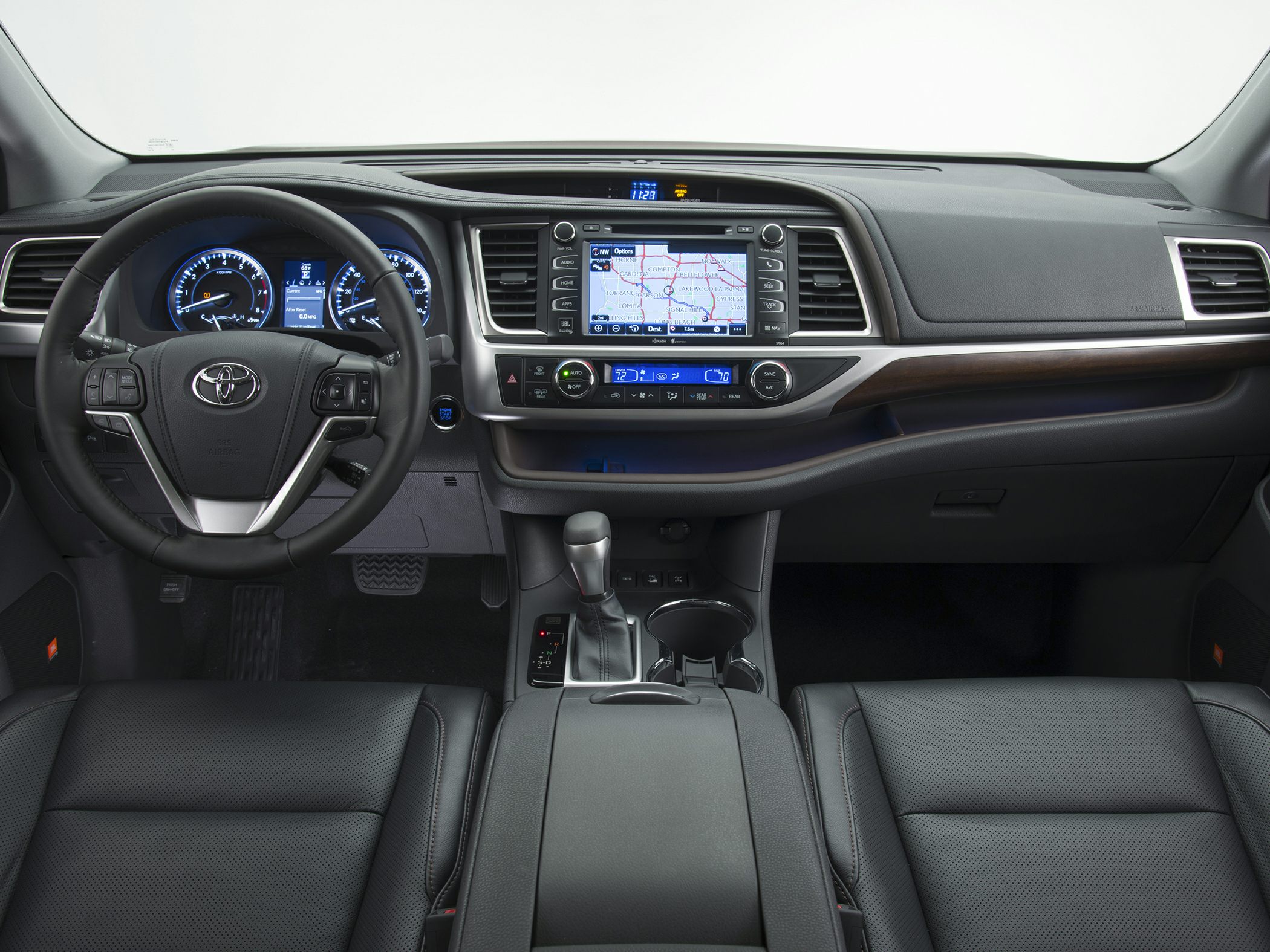 Touchscreen navigation and multifunction steering wheel in modern SUV interior