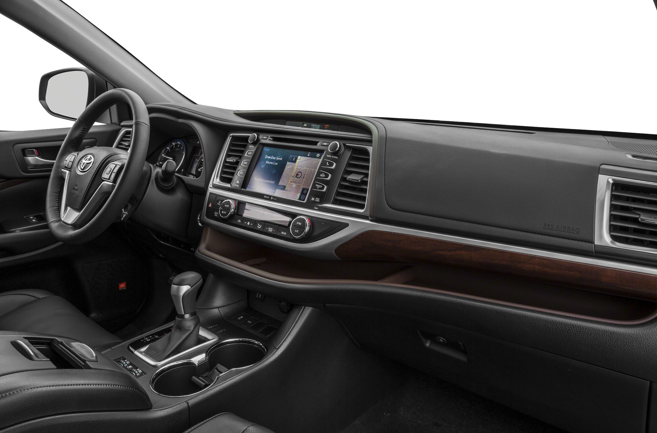 Touchscreen infotainment and modern dashboard with gear shift and steering wheel