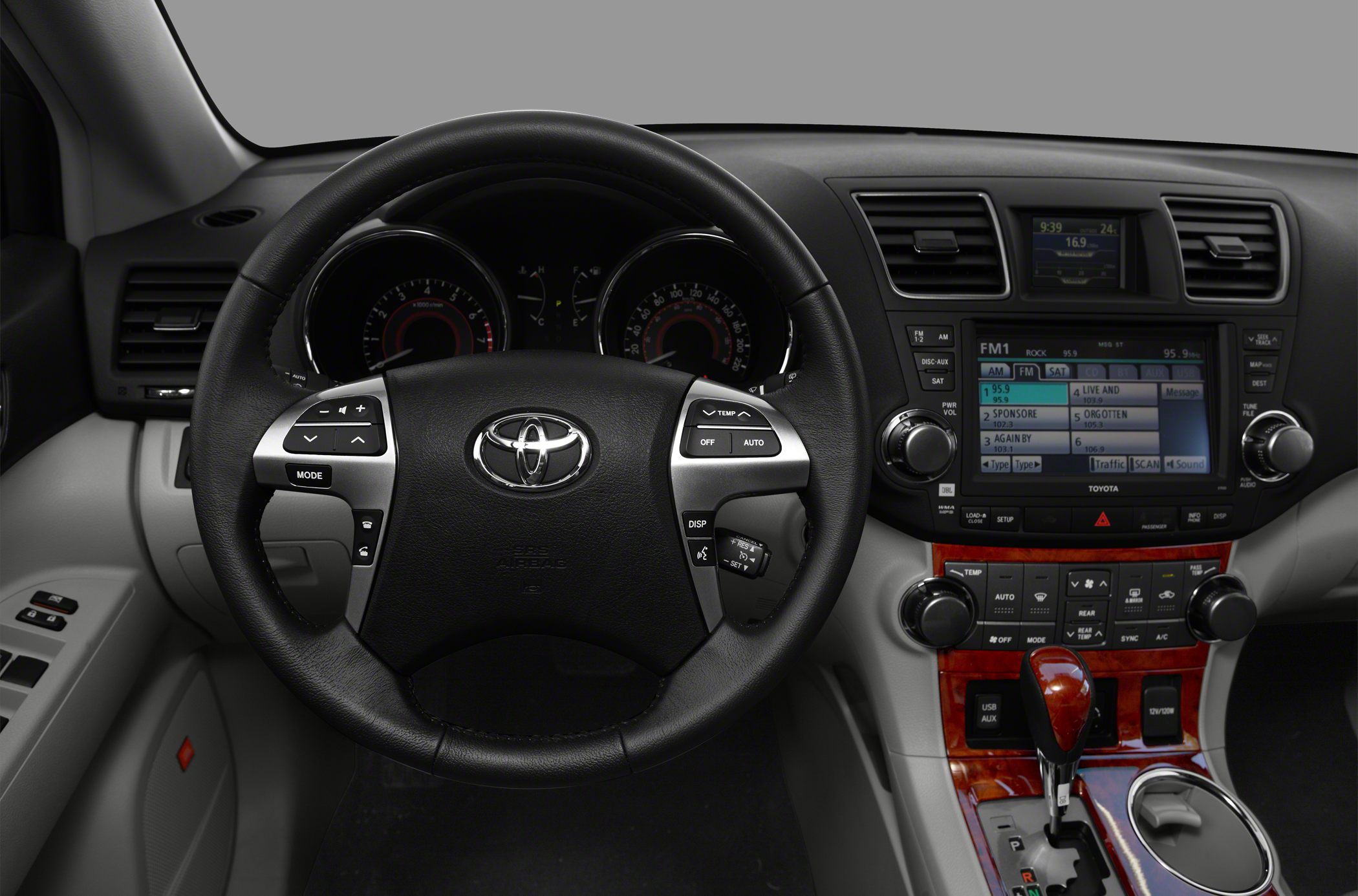 Interior dashboard with multifunction steering wheel and infotainment system
