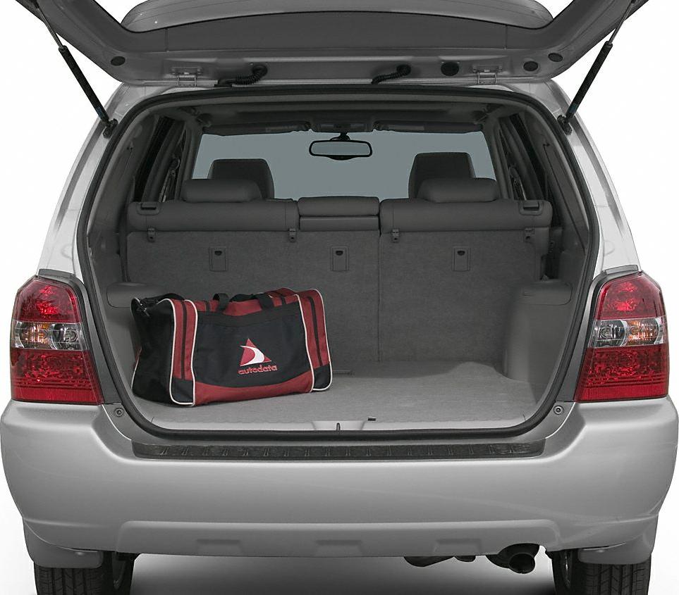 Open spacious rear trunk cargo area with sports bag inside