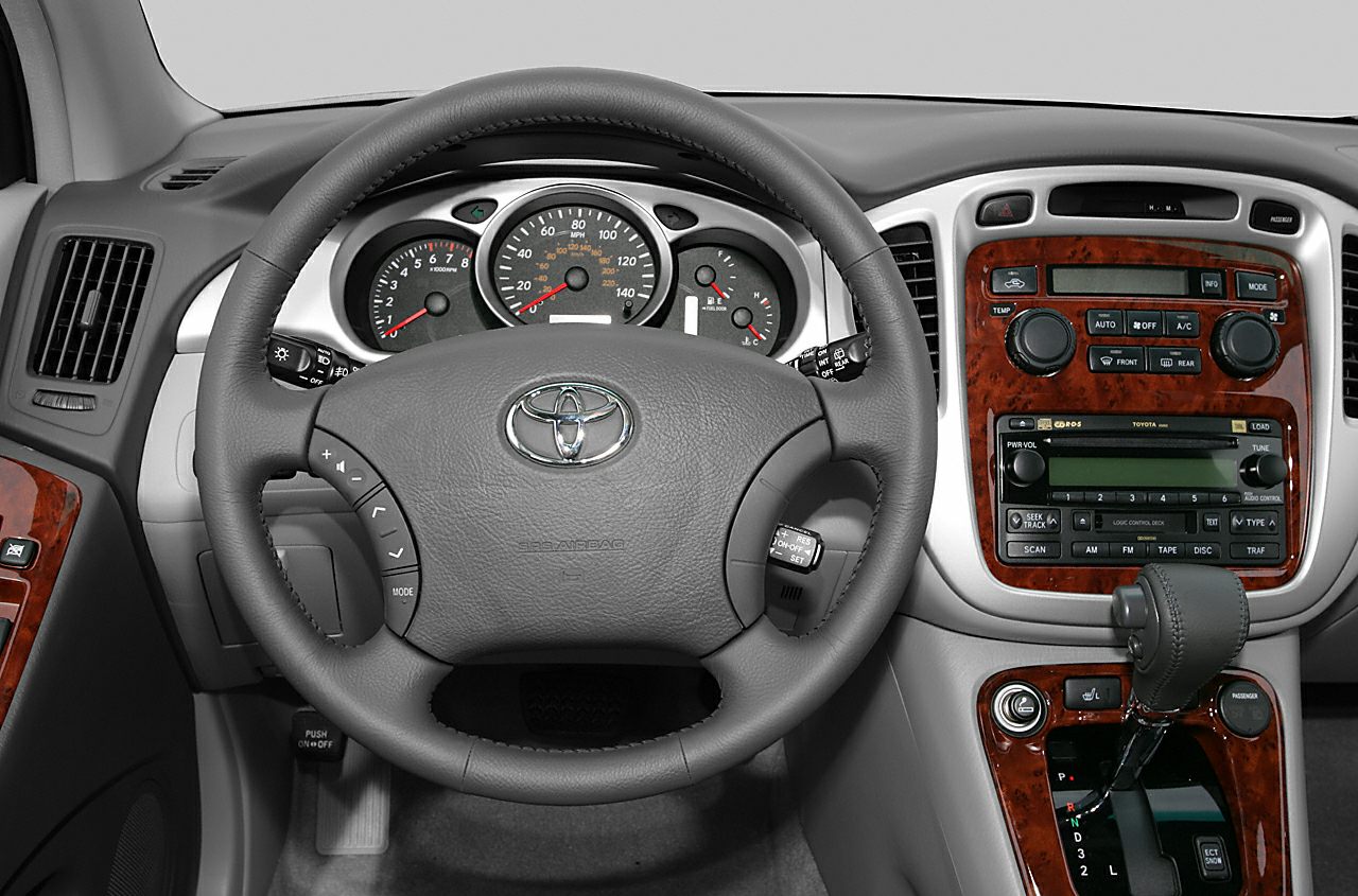 Dashboard with instrument cluster, steering wheel controls, and wood trim finish