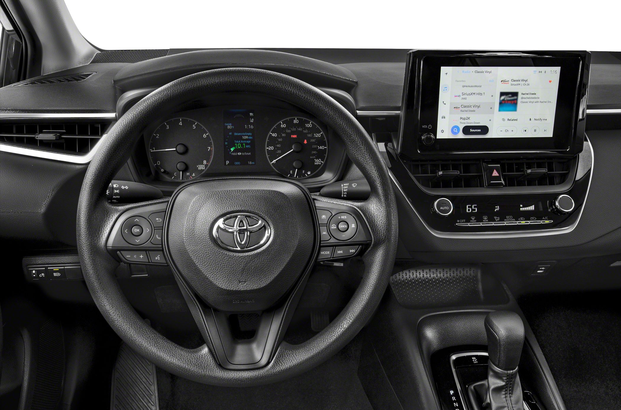 Dashboard with multifunction steering wheel and digital infotainment screen
