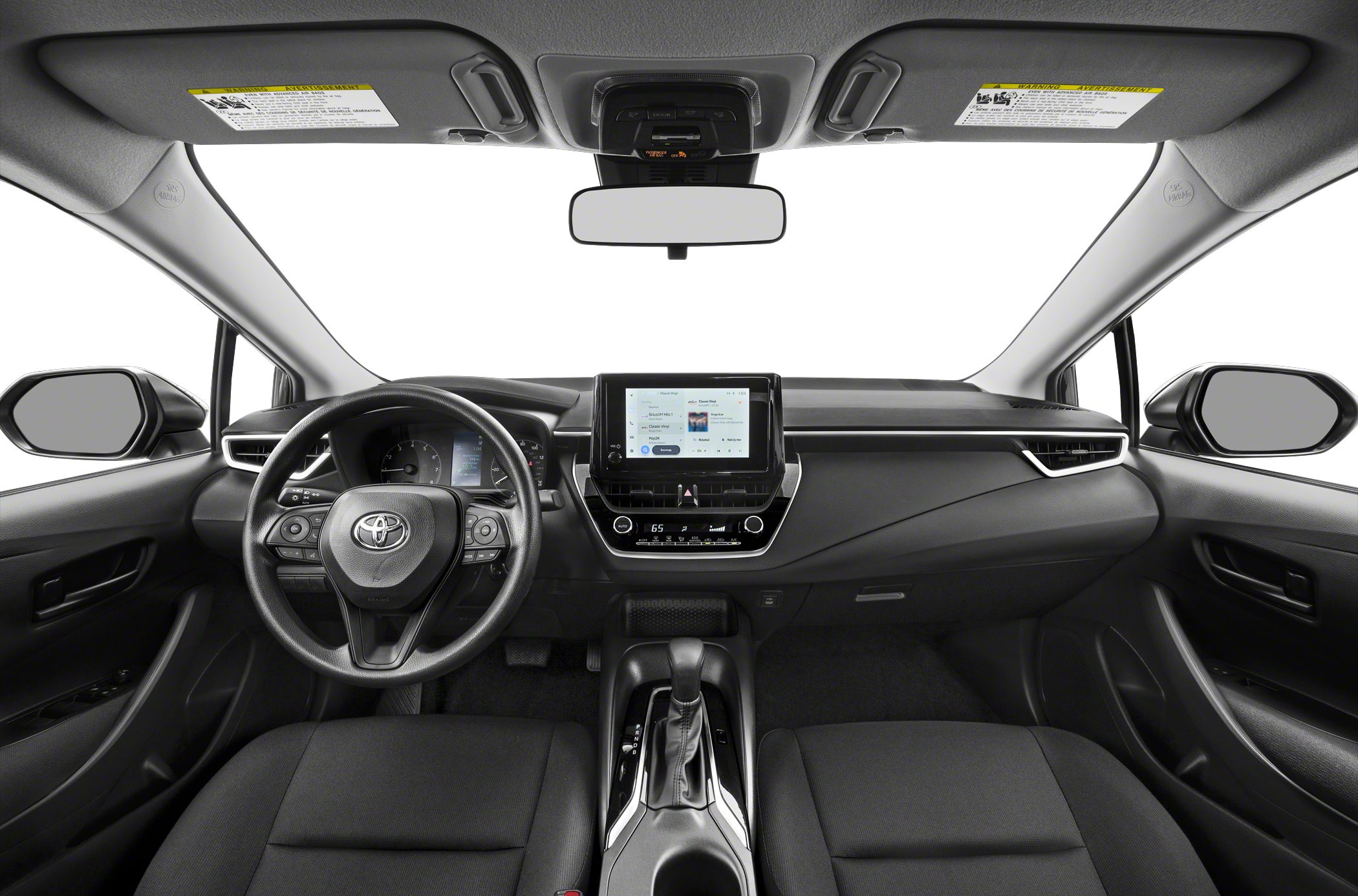Dashboard, steering wheel, and center console interior view