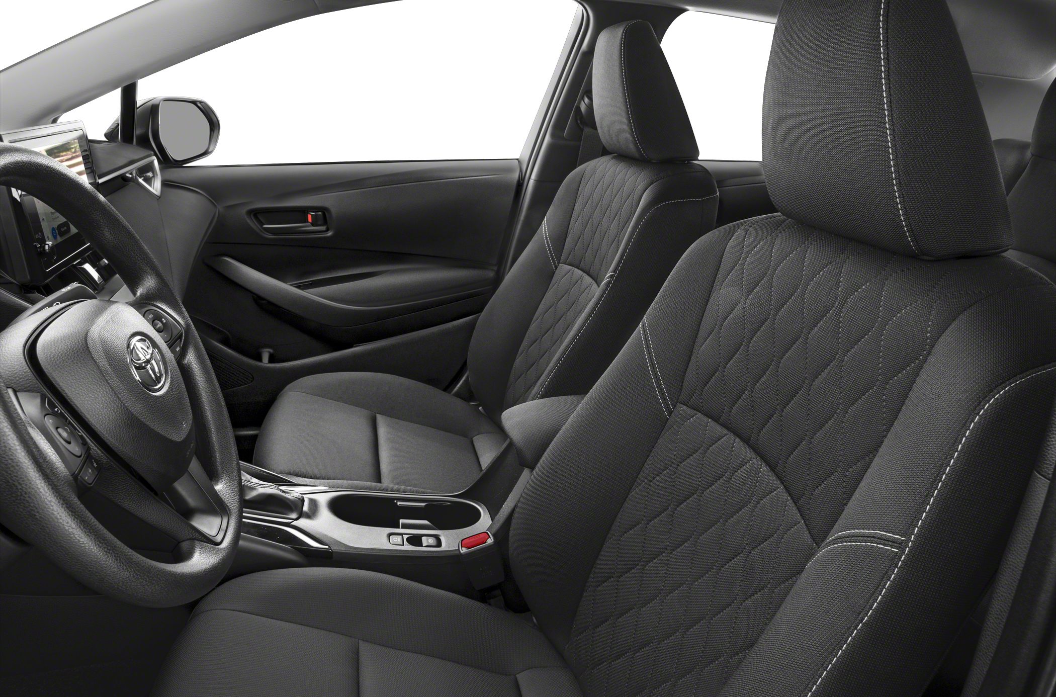 Front seats with quilted fabric upholstery and dashboard controls