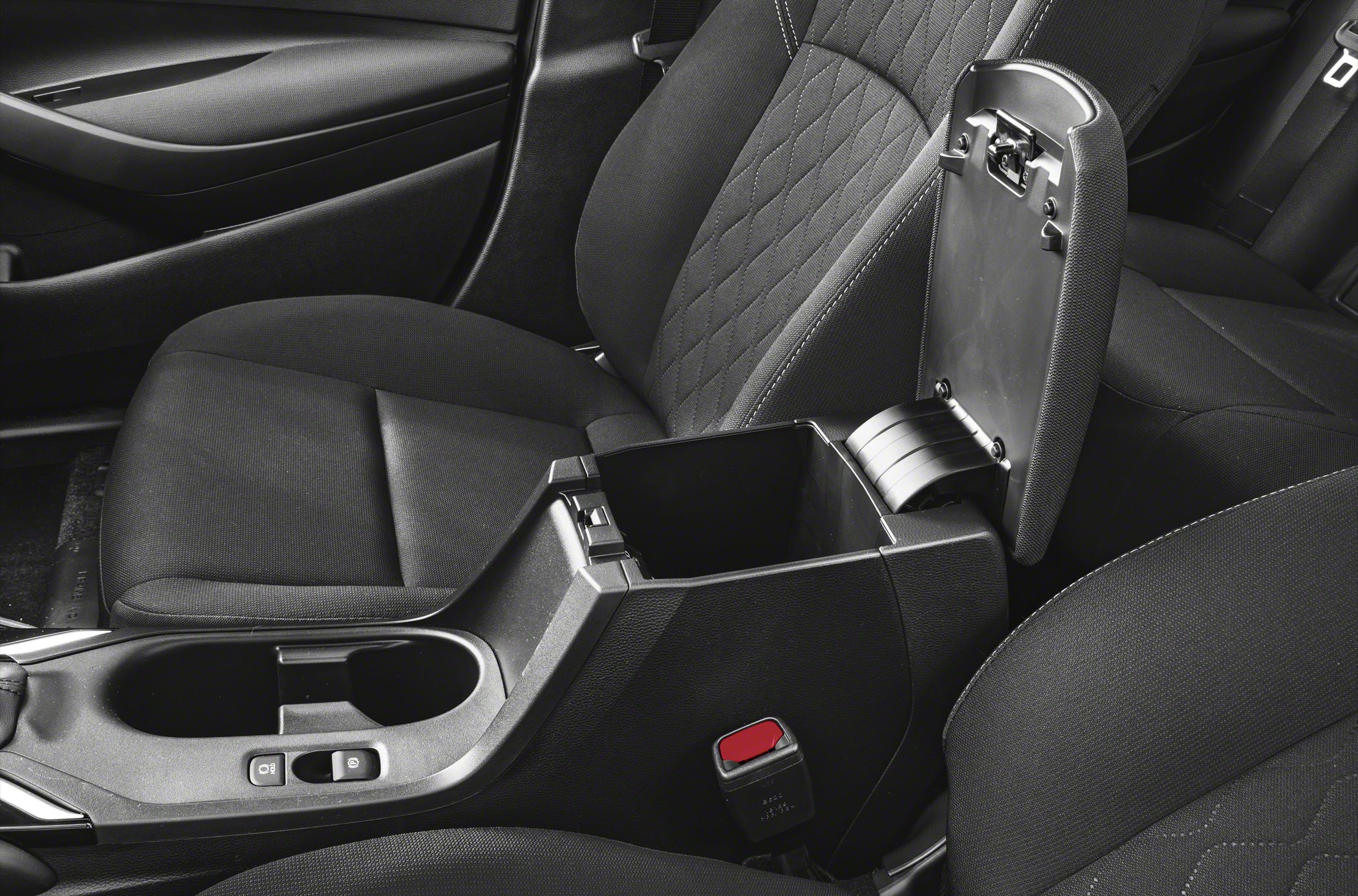Center console open storage compartment and fabric front seats