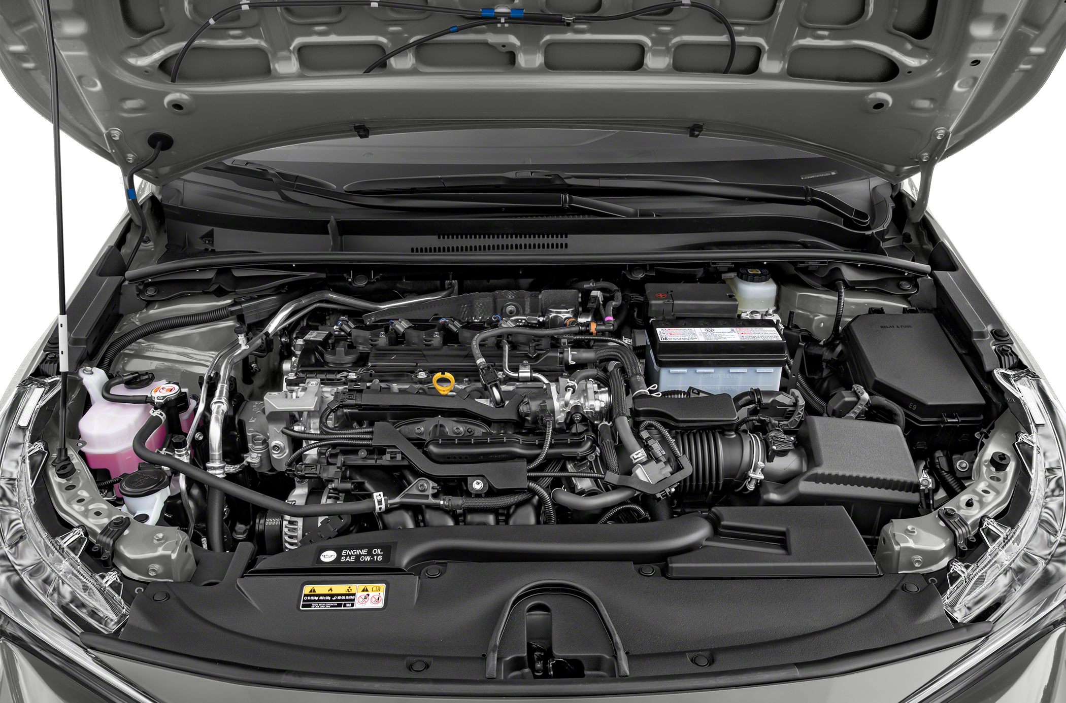 Open engine bay with visible engine components and layout