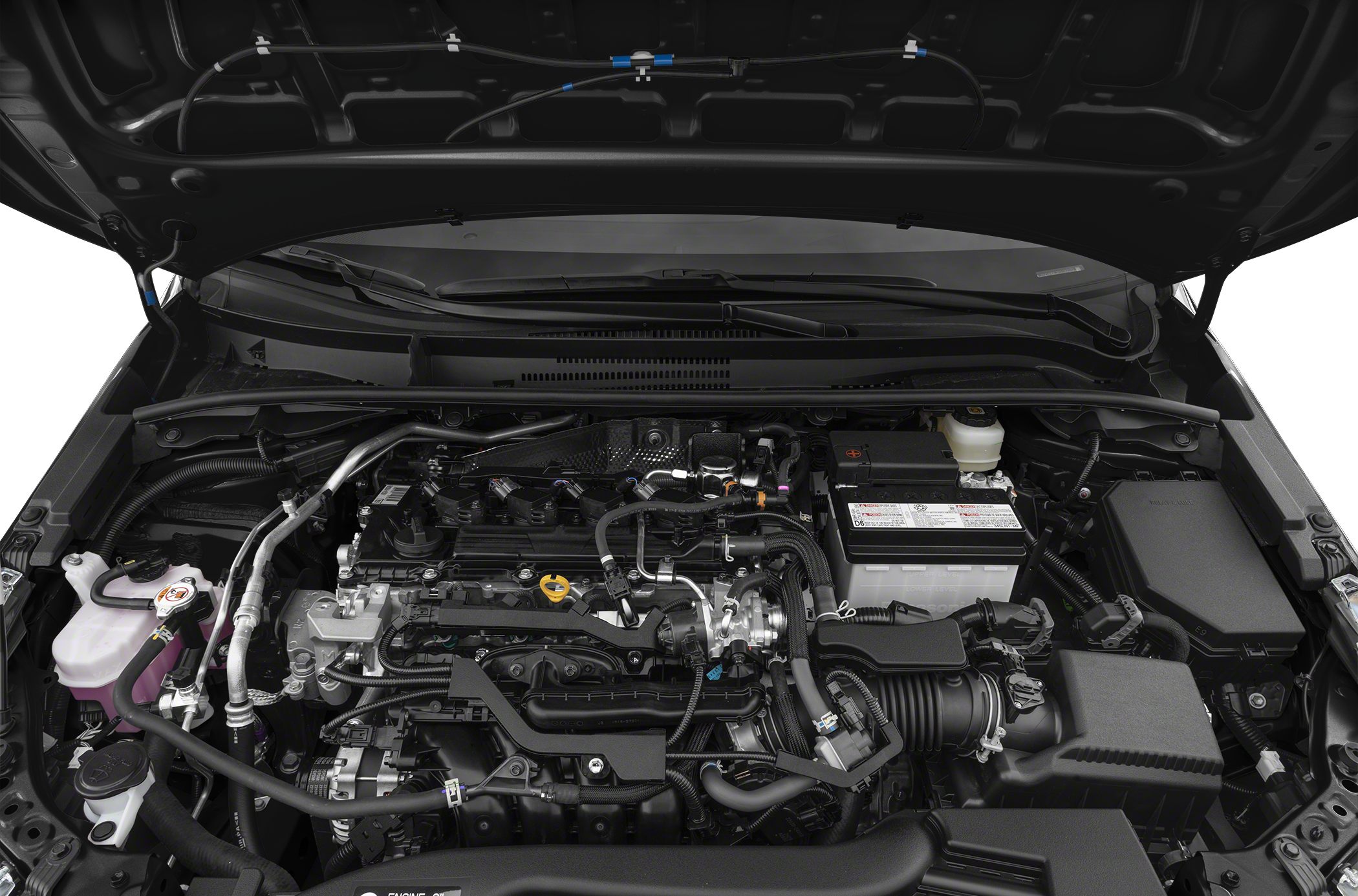 Detailed engine bay with battery, fluid reservoirs, and air intake components
