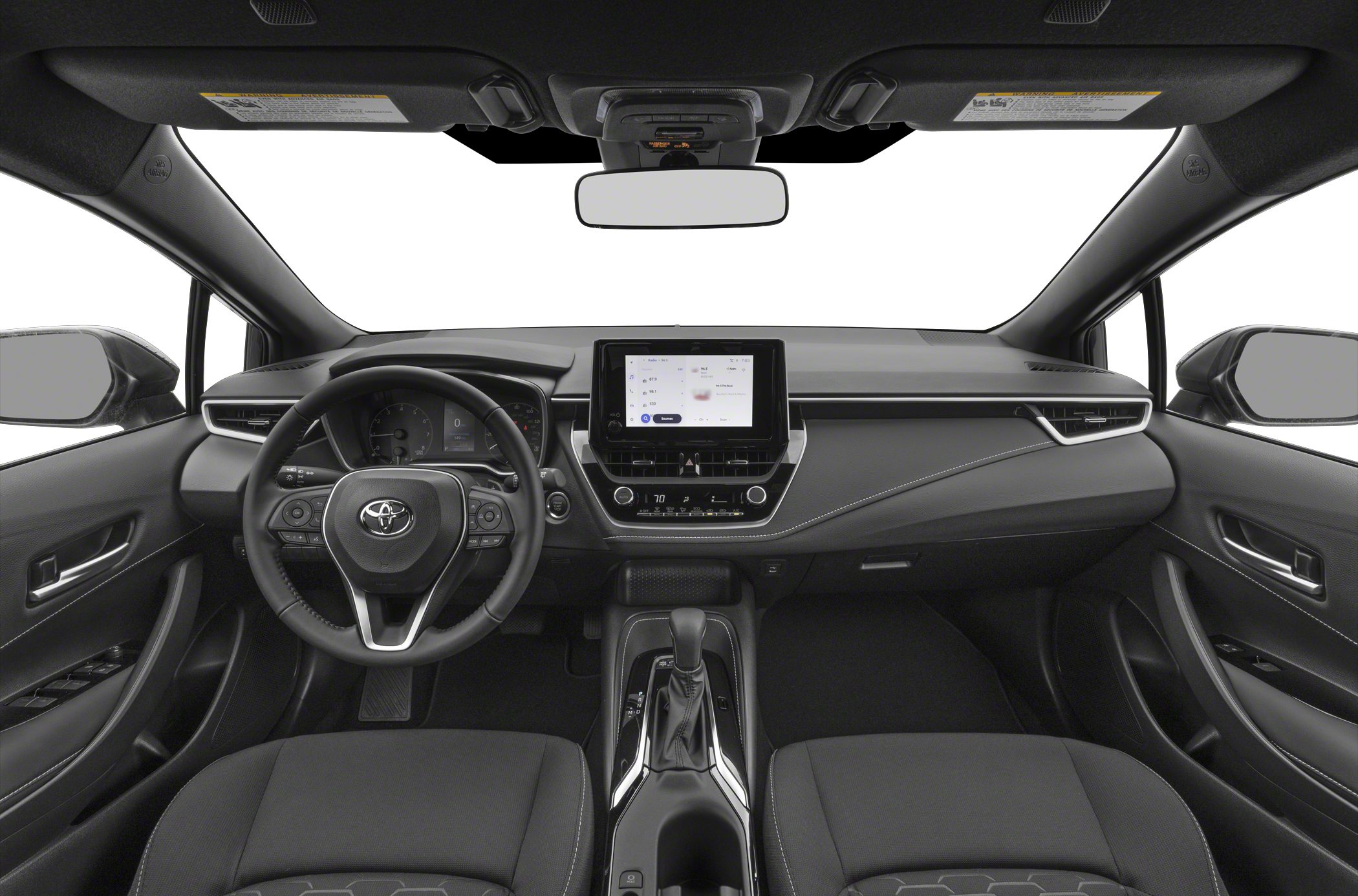Digital instrument cluster and central touchscreen in compact hatchback interior