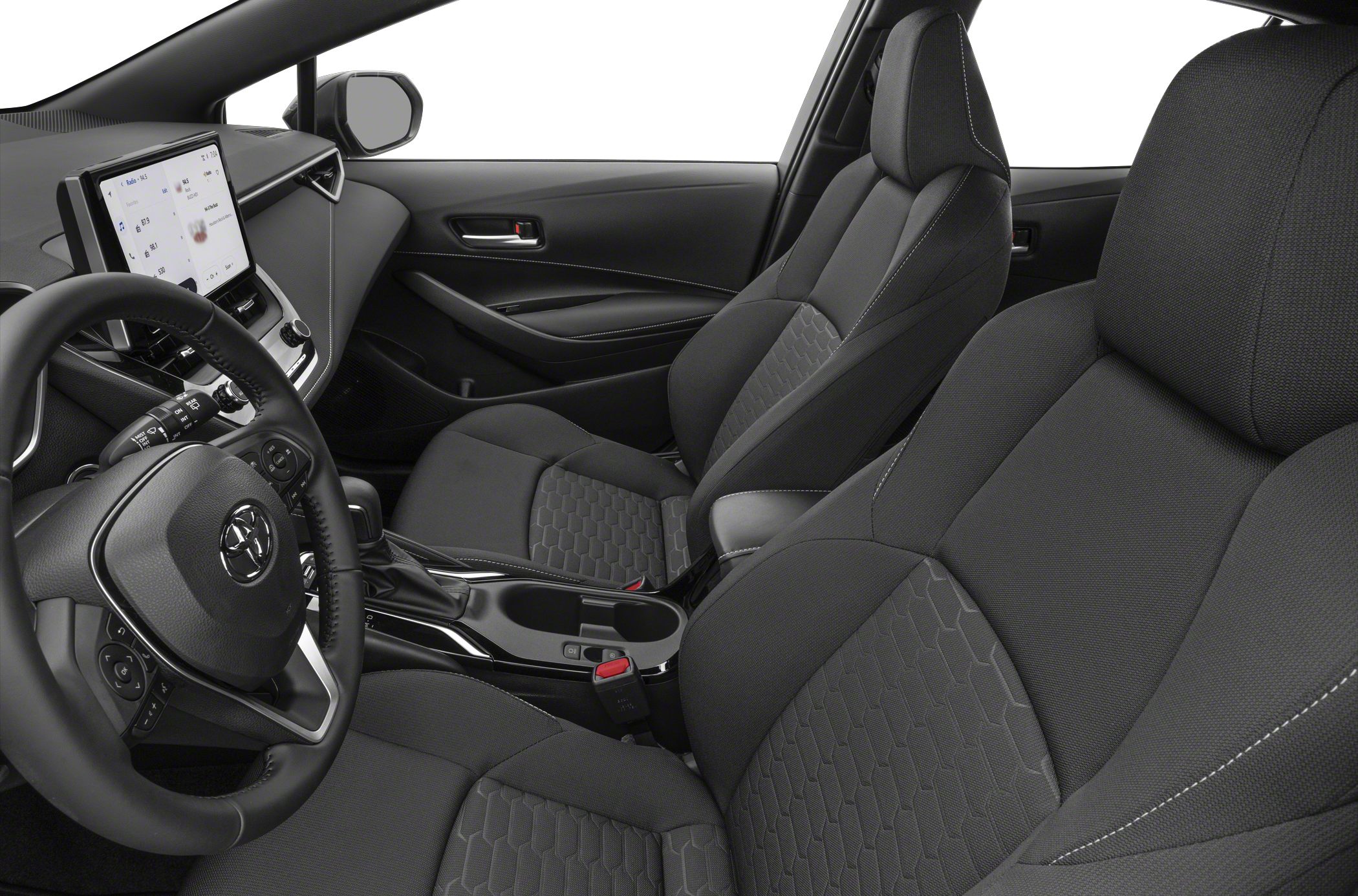 Black fabric front seats with hexagonal pattern and touchscreen infotainment