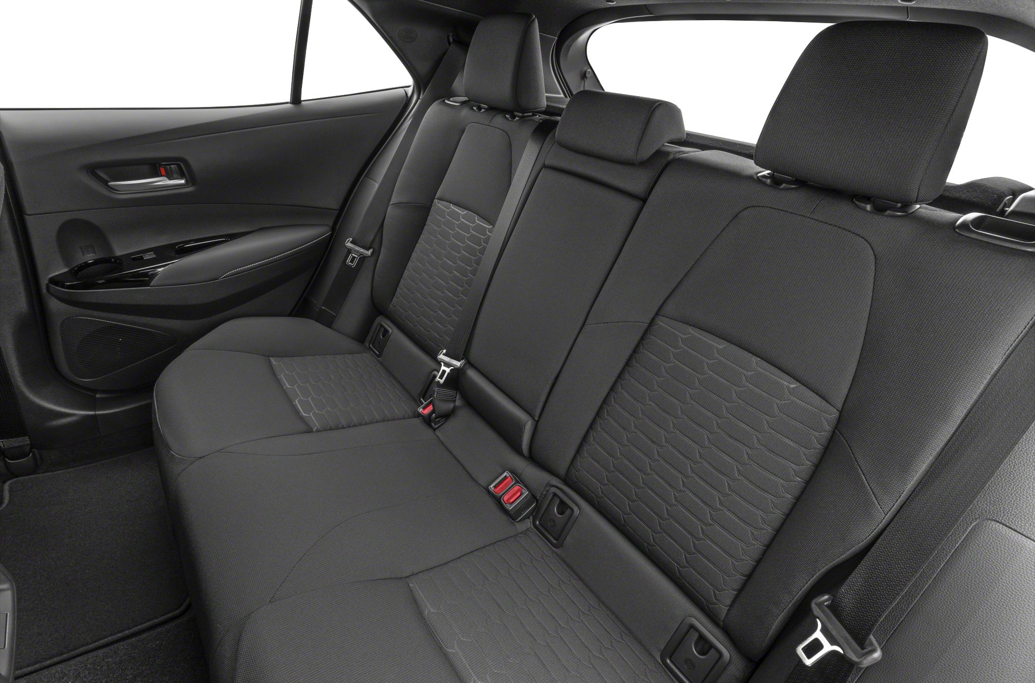 Black fabric rear seats with headrests and seatbelts