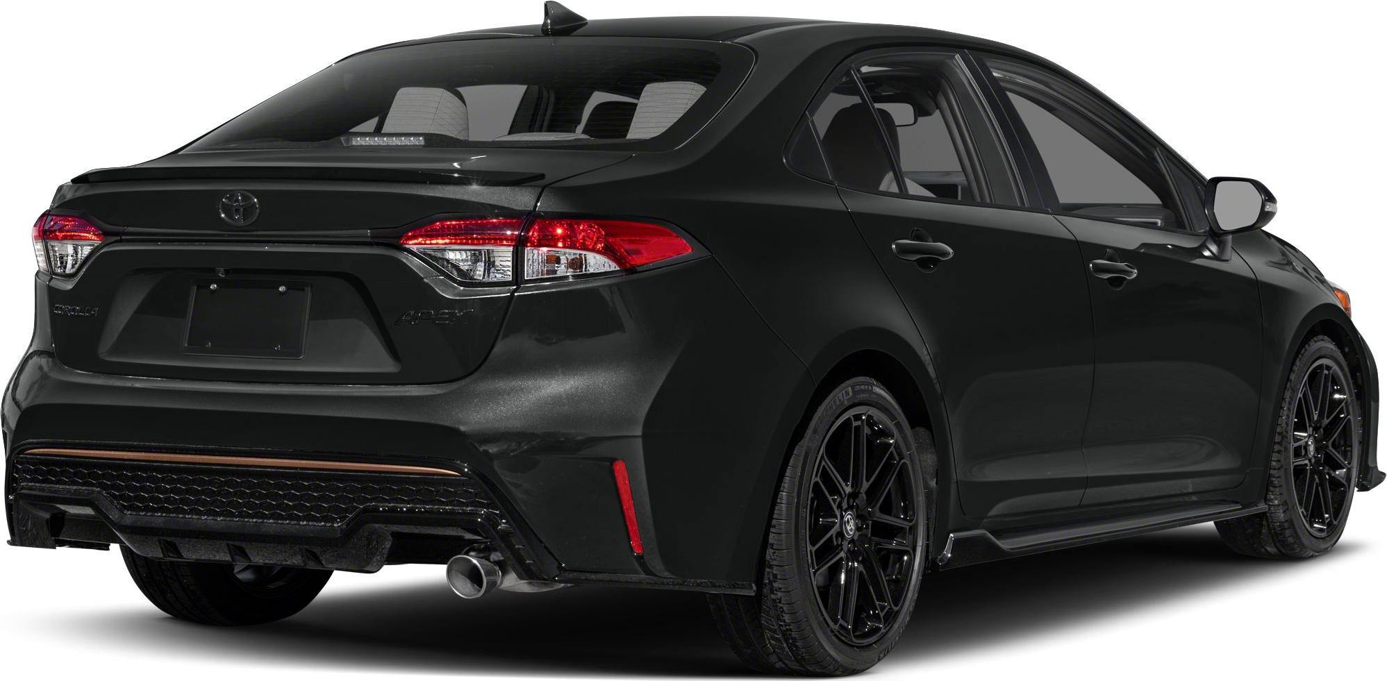 Black sedan rear and side view with black alloy wheels and modern taillights