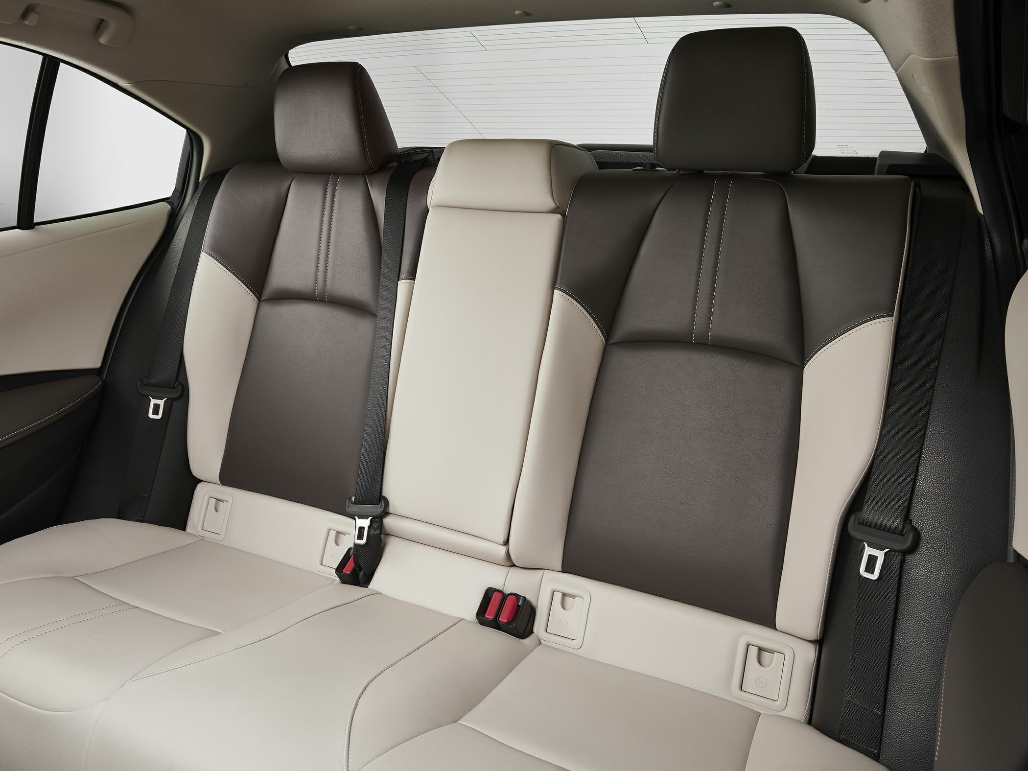 Dual-tone leather rear seats with three-point seat belts.