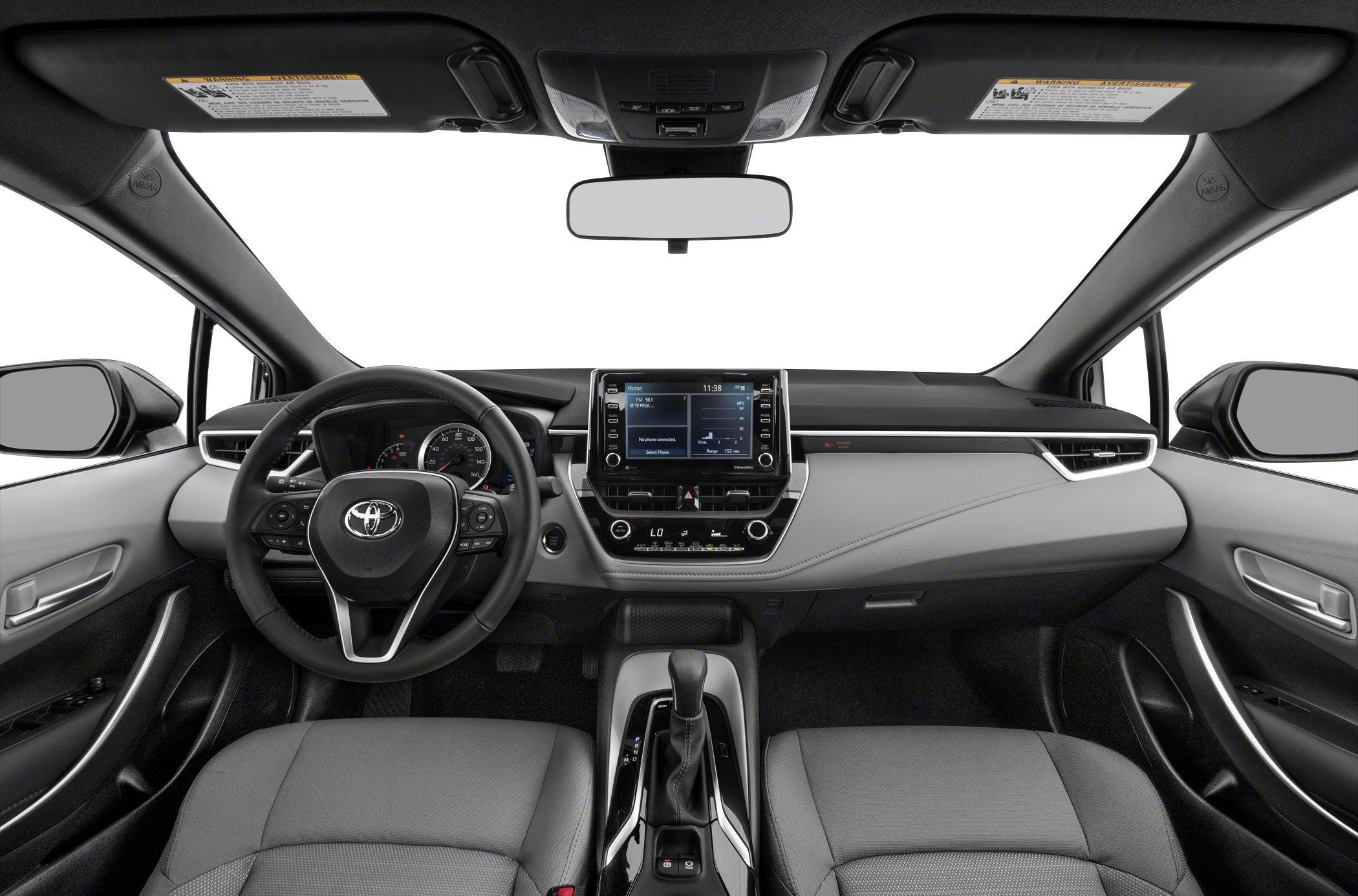 Dashboard with digital display, steering wheel, and center console with gear shifter