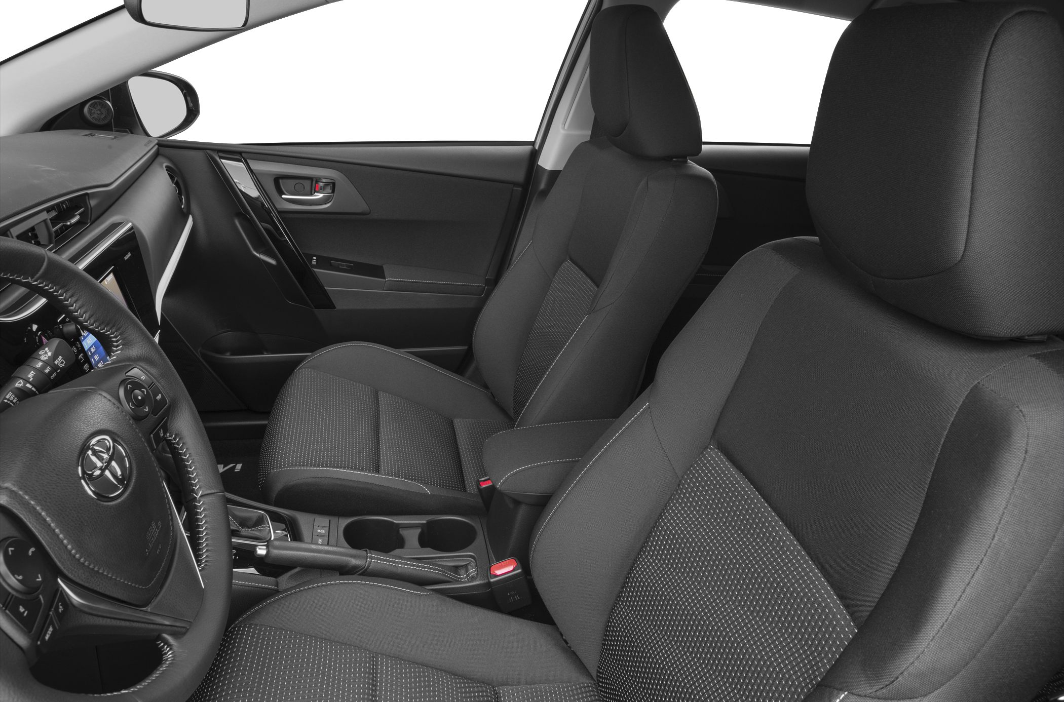 Front seating area with fabric upholstery and center console