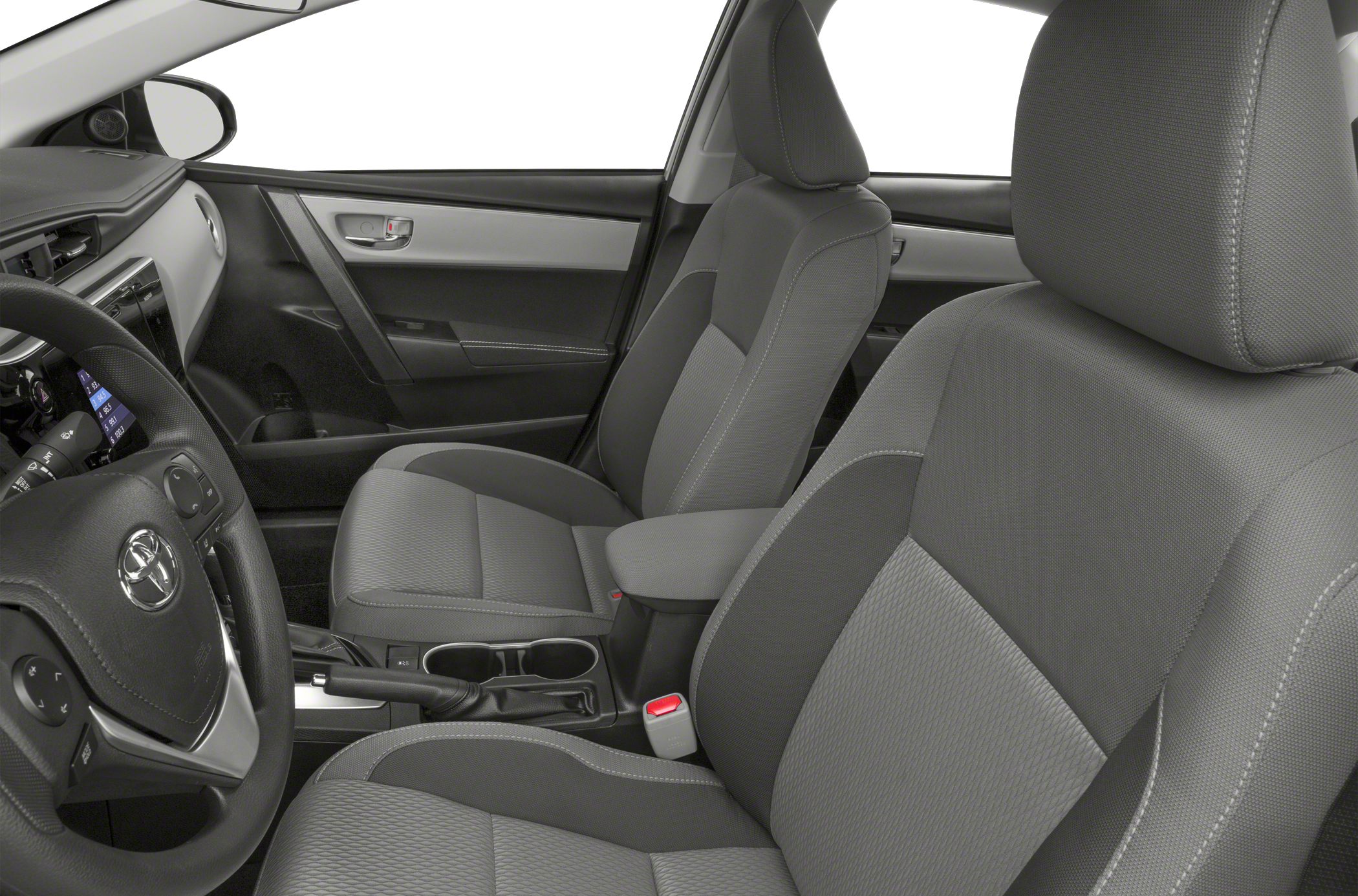 Front seats and interior layout with steering wheel and center console