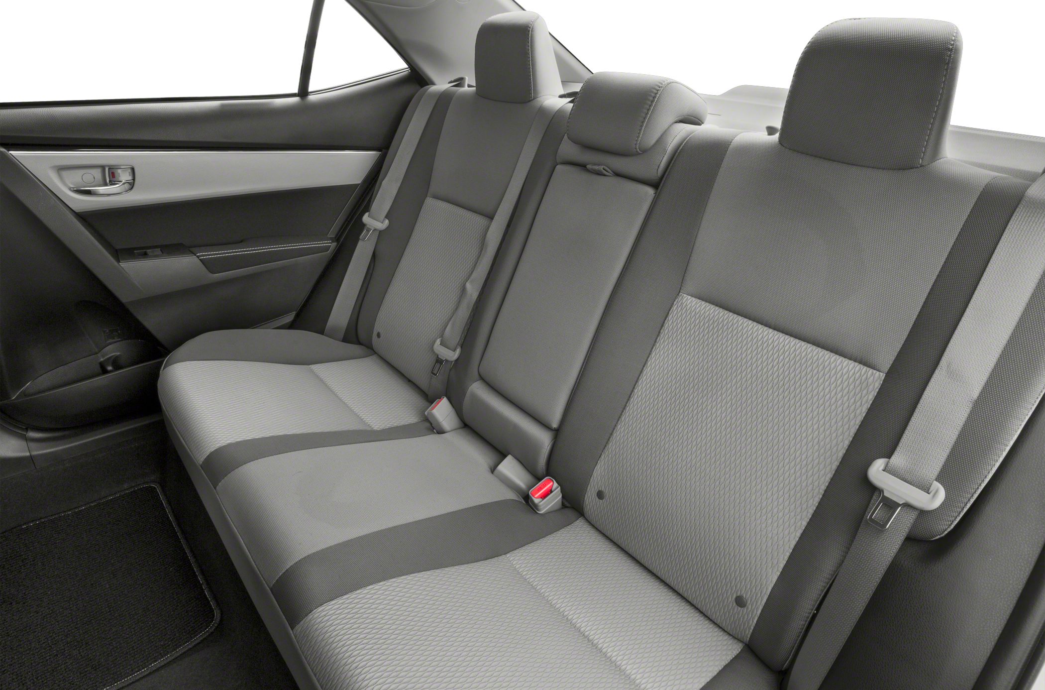 Rear seat interior with fabric upholstery and integrated headrests
