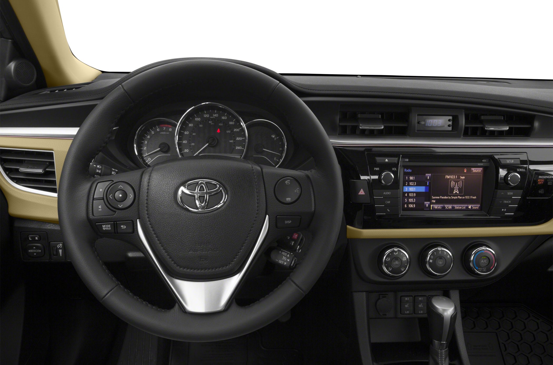 Steering wheel, instrument cluster, and center console controls