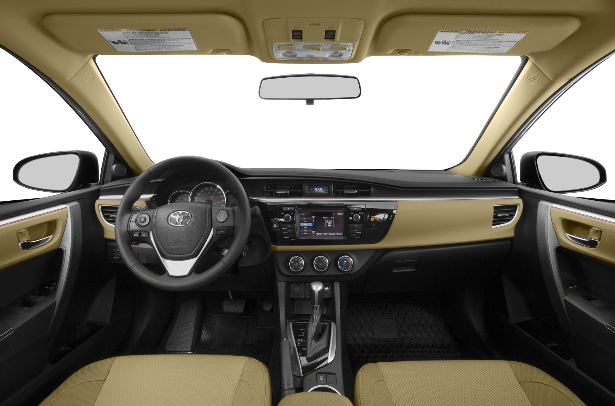 Car interior with dashboard, steering wheel, center console in beige and black