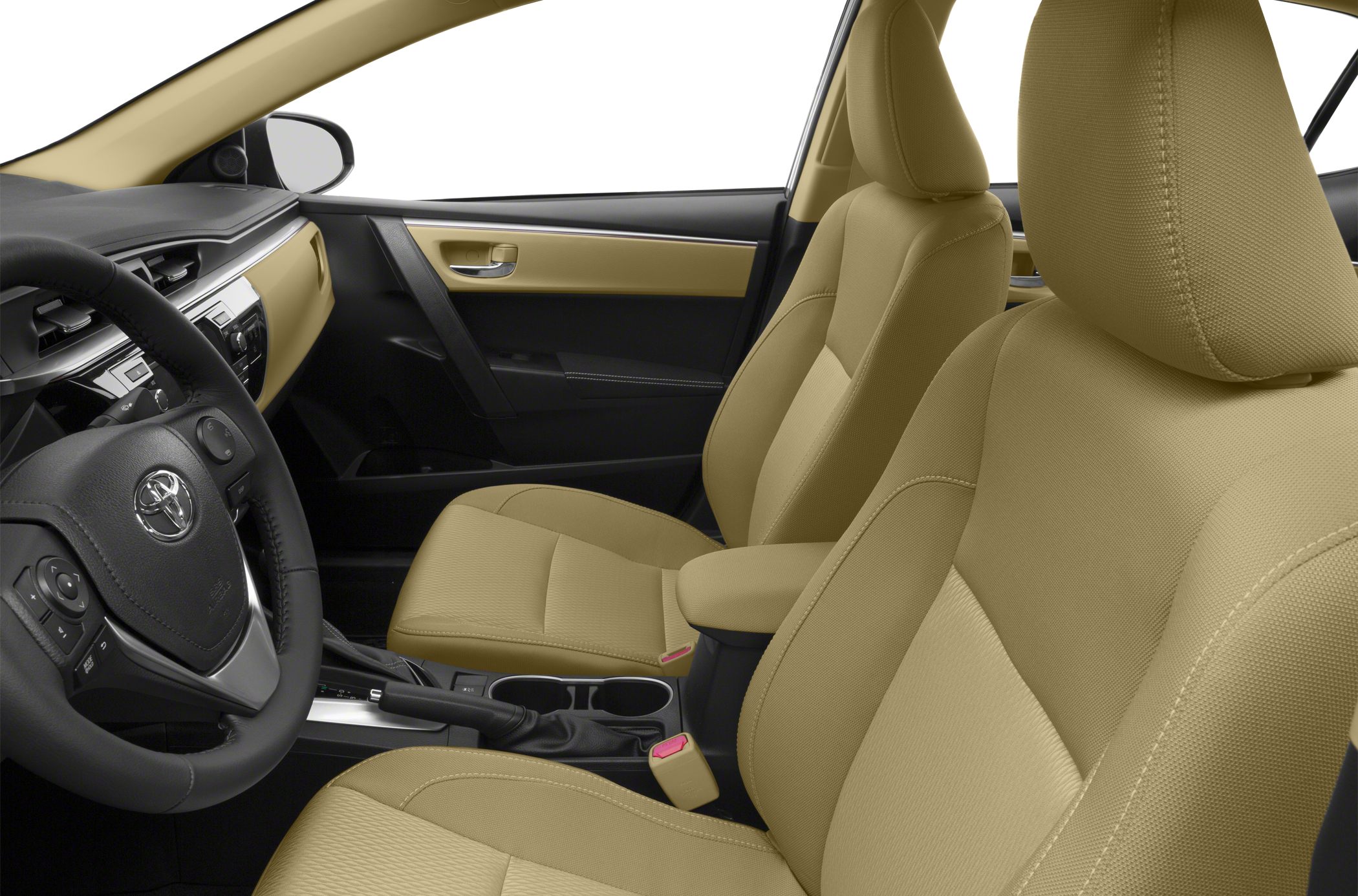 Beige front seats and dashboard with steering wheel in a car interior