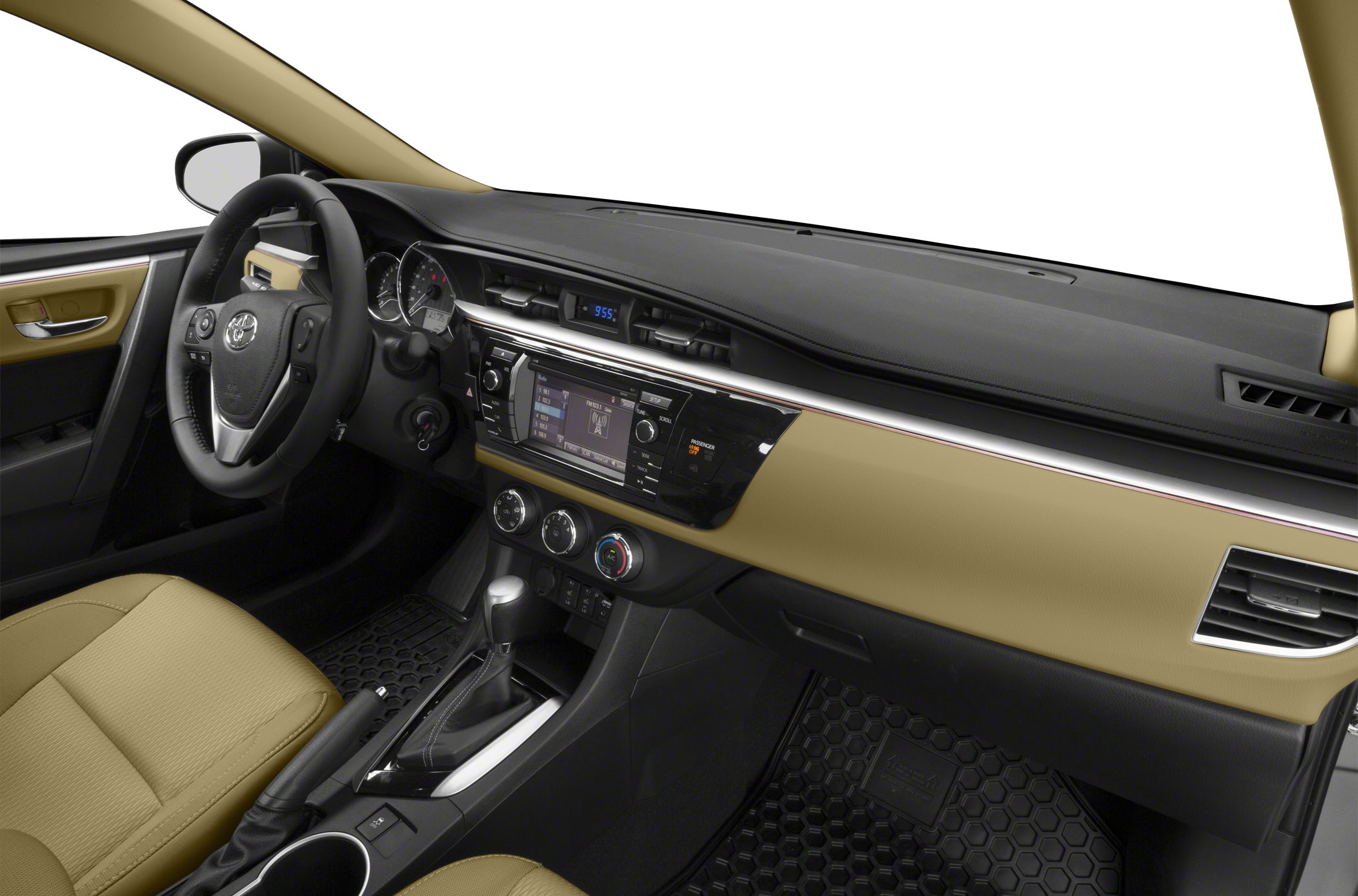 Dashboard, steering wheel with controls, center console, beige upholstery