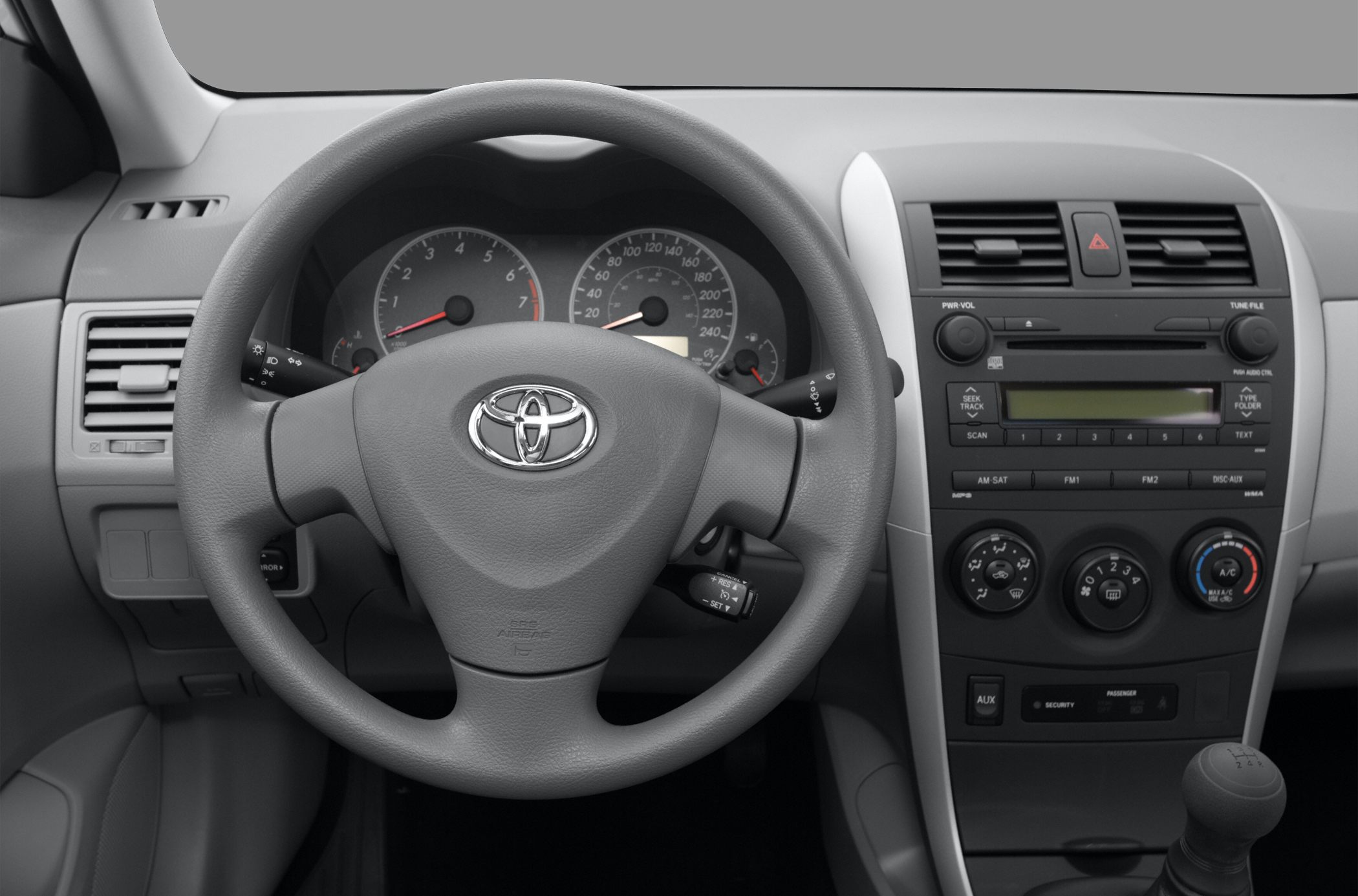 Dashboard with steering wheel, gauges, manual shifter, and control panel