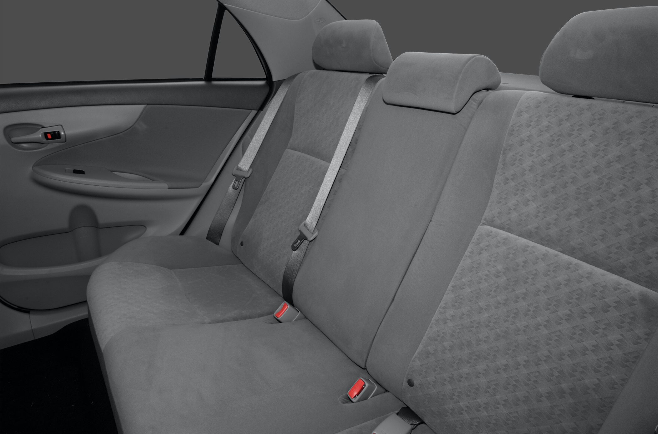 Rear seat fabric upholstery with headrests and seat belts