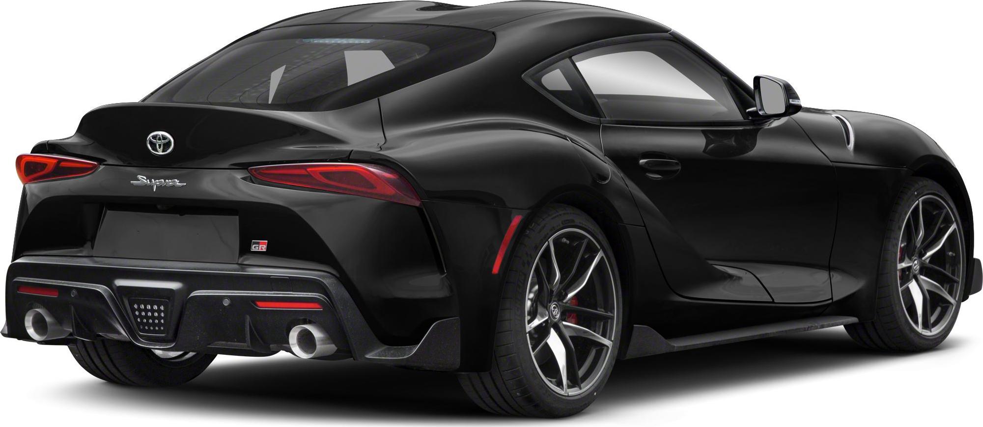 Rear side view of sleek black sports coupe with dual exhausts and modern aerodynamic design