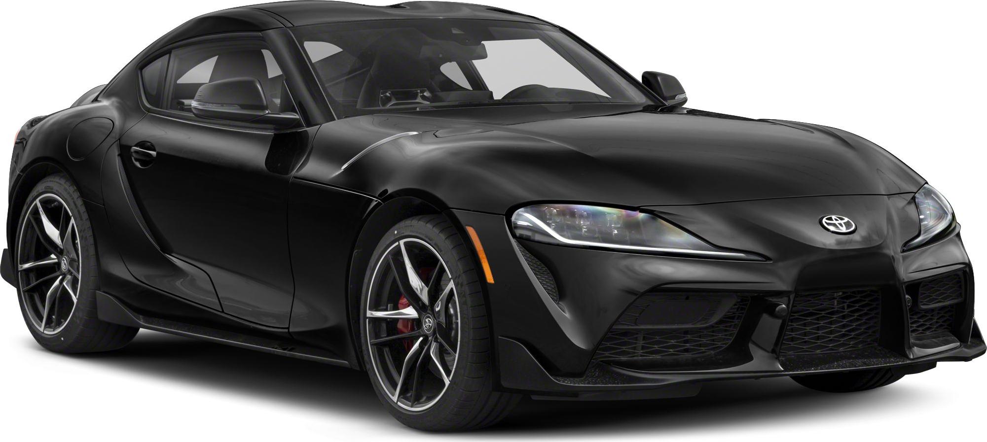 Front and side view of a black sports coupe with aerodynamic body and alloy wheels