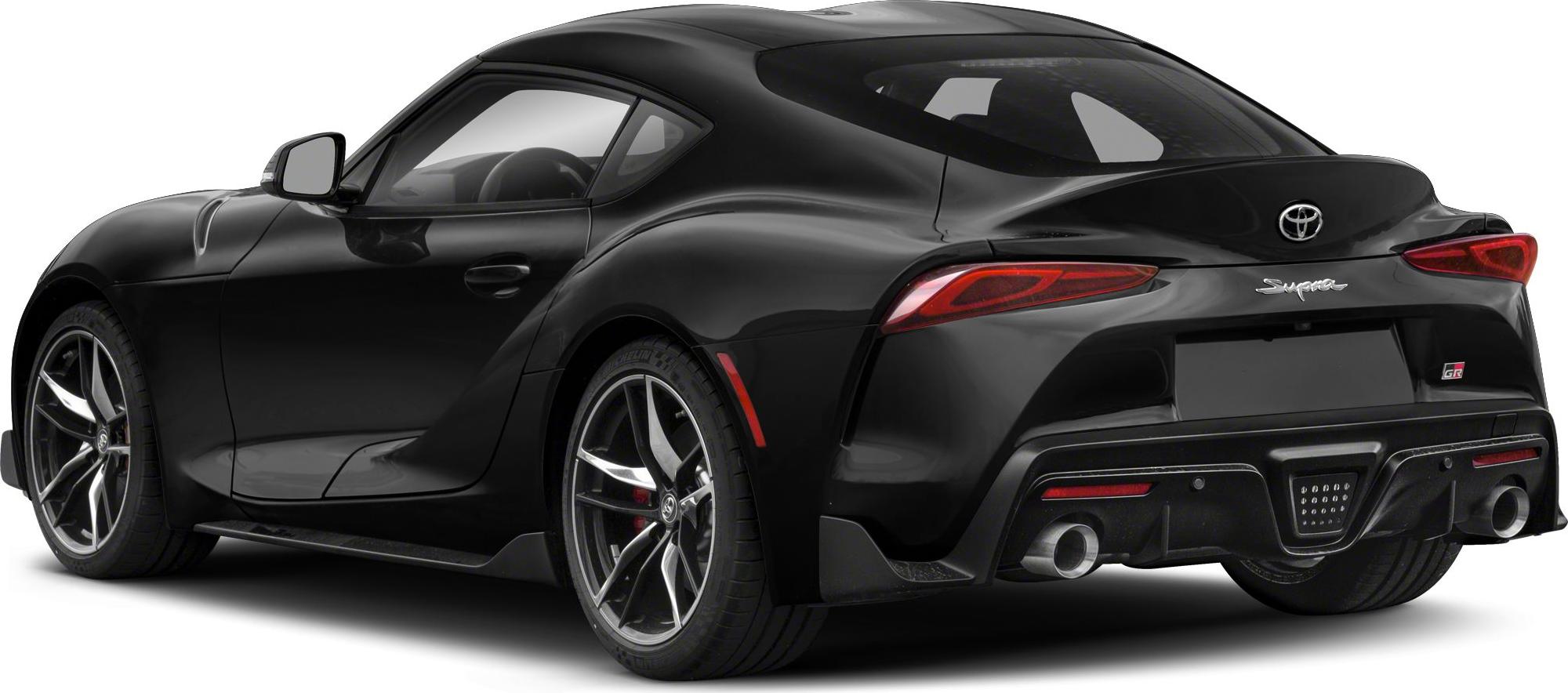 Rear and side view of a sleek sports coupe with dual exhaust and aerodynamic design