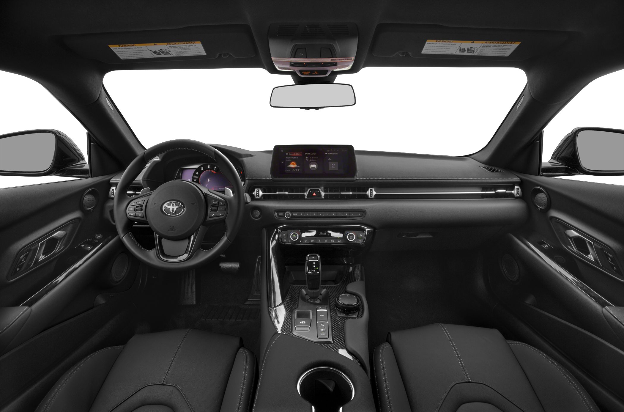 Modern car interior with digital dashboard and multifunction steering wheel
