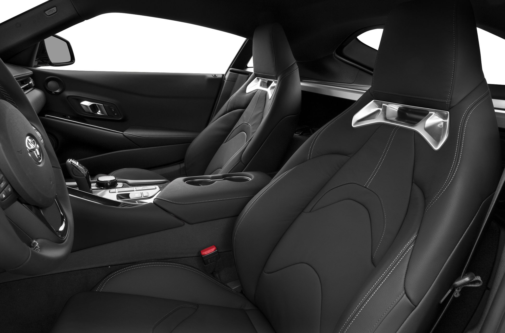 Black leather sport seats with silver trim and center console in car interior