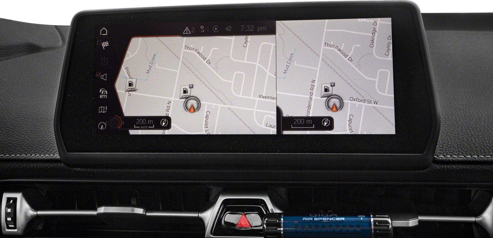 Dual-screen navigation map interface with control buttons and hazard switch