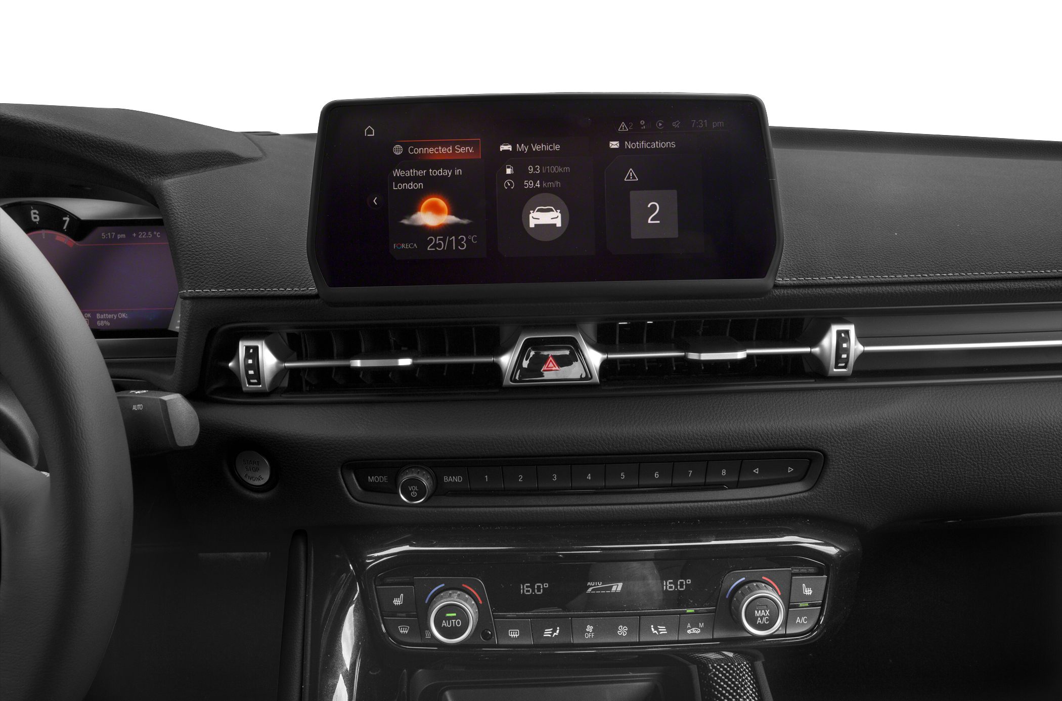 Digital infotainment screen and climate control panel in car dashboard