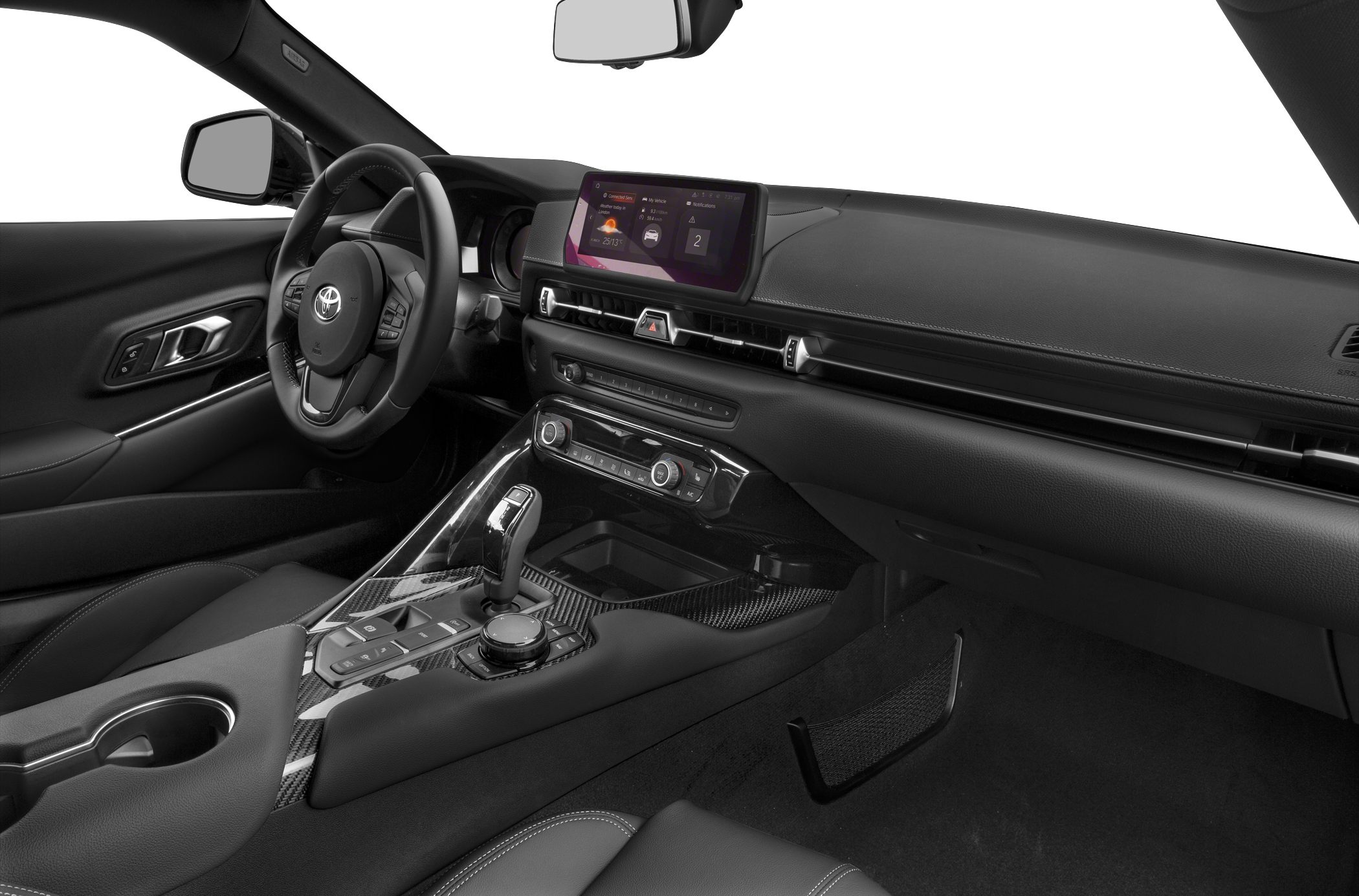 Modern interior with digital infotainment and carbon fiber console