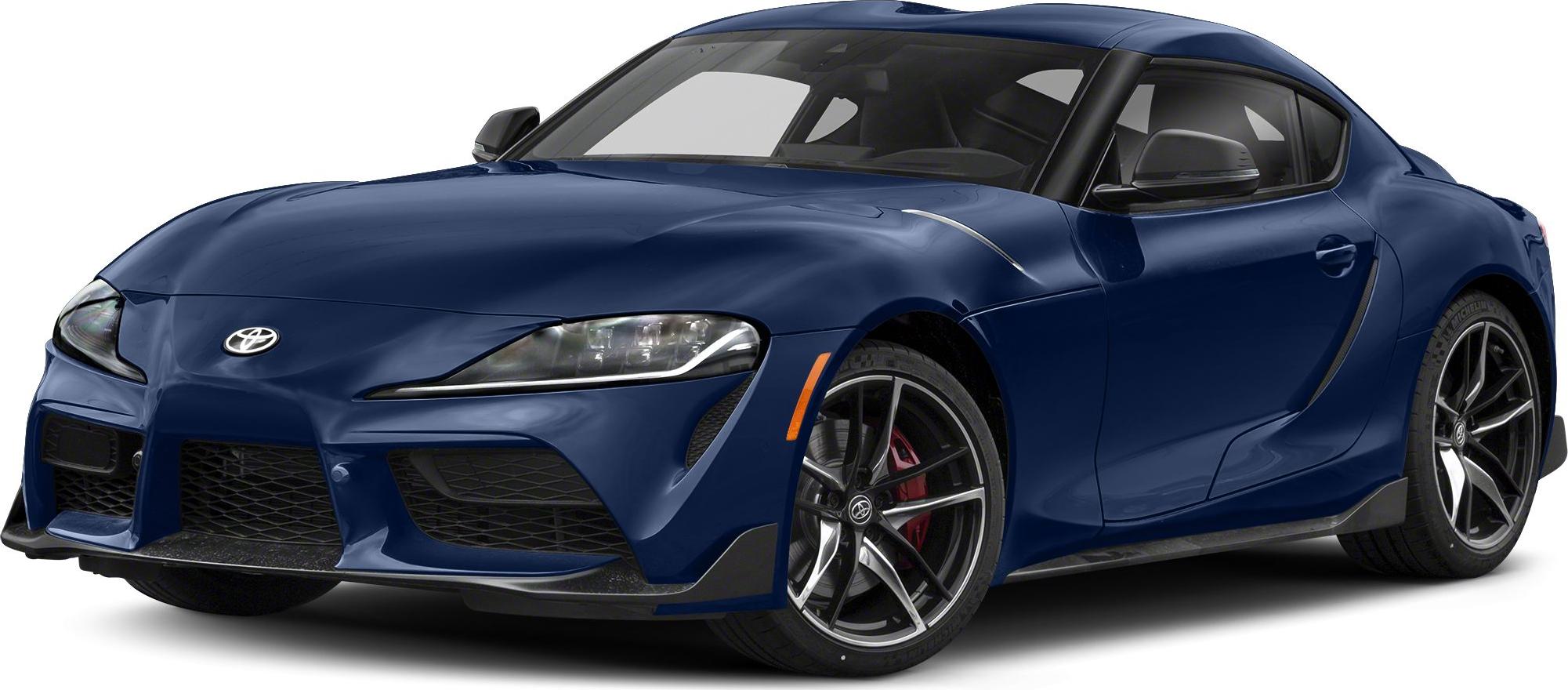 Sporty blue coupe with aggressive front and stylish alloy wheels