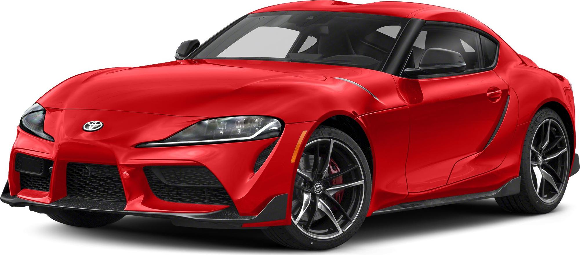 Front side view of red sports coupe with sleek body and alloy wheels