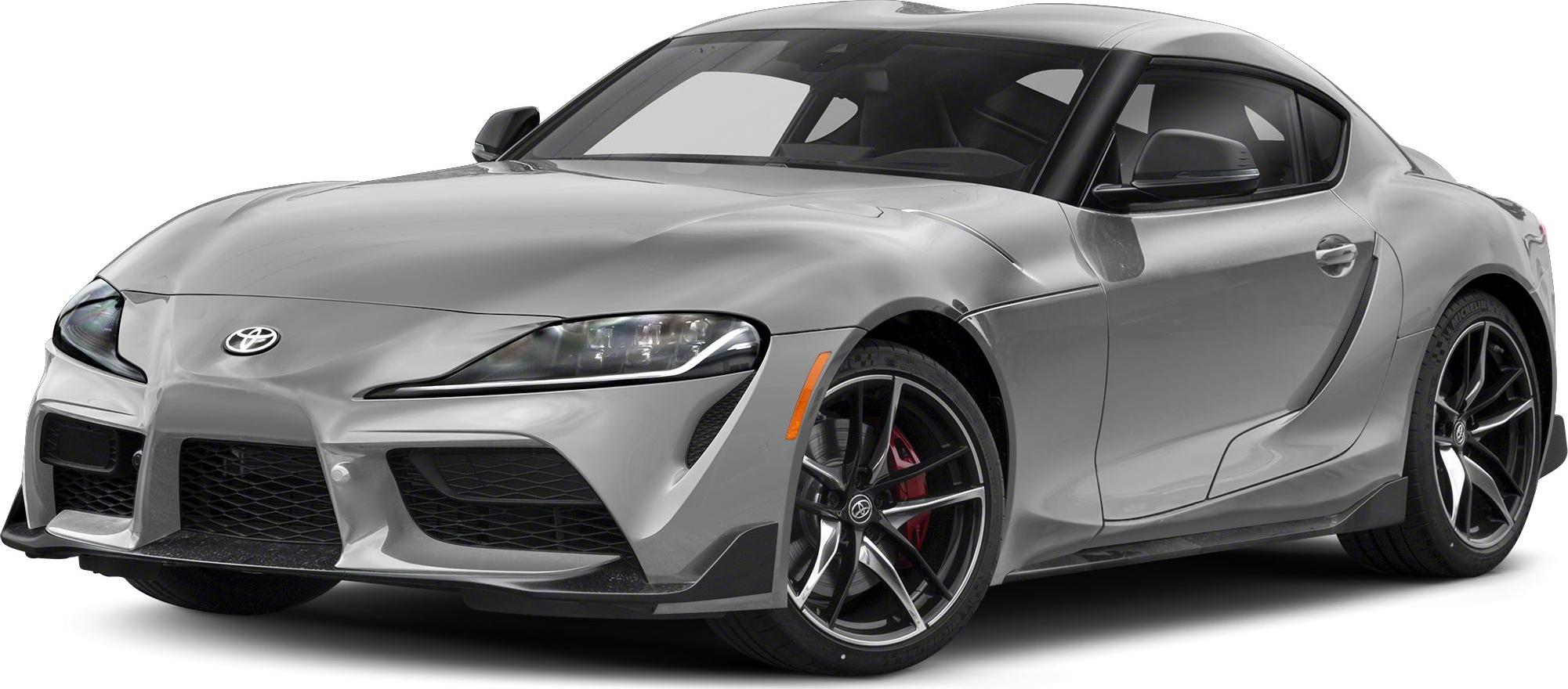 Silver sports coupe front view with sleek headlights and alloy wheels